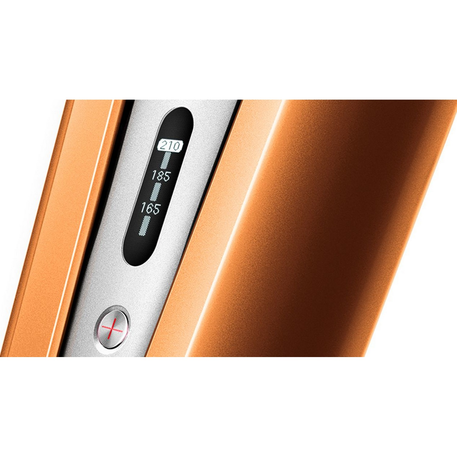 Close up of a hair straightener's display, showing temperature settings 165, 185, and 210.
