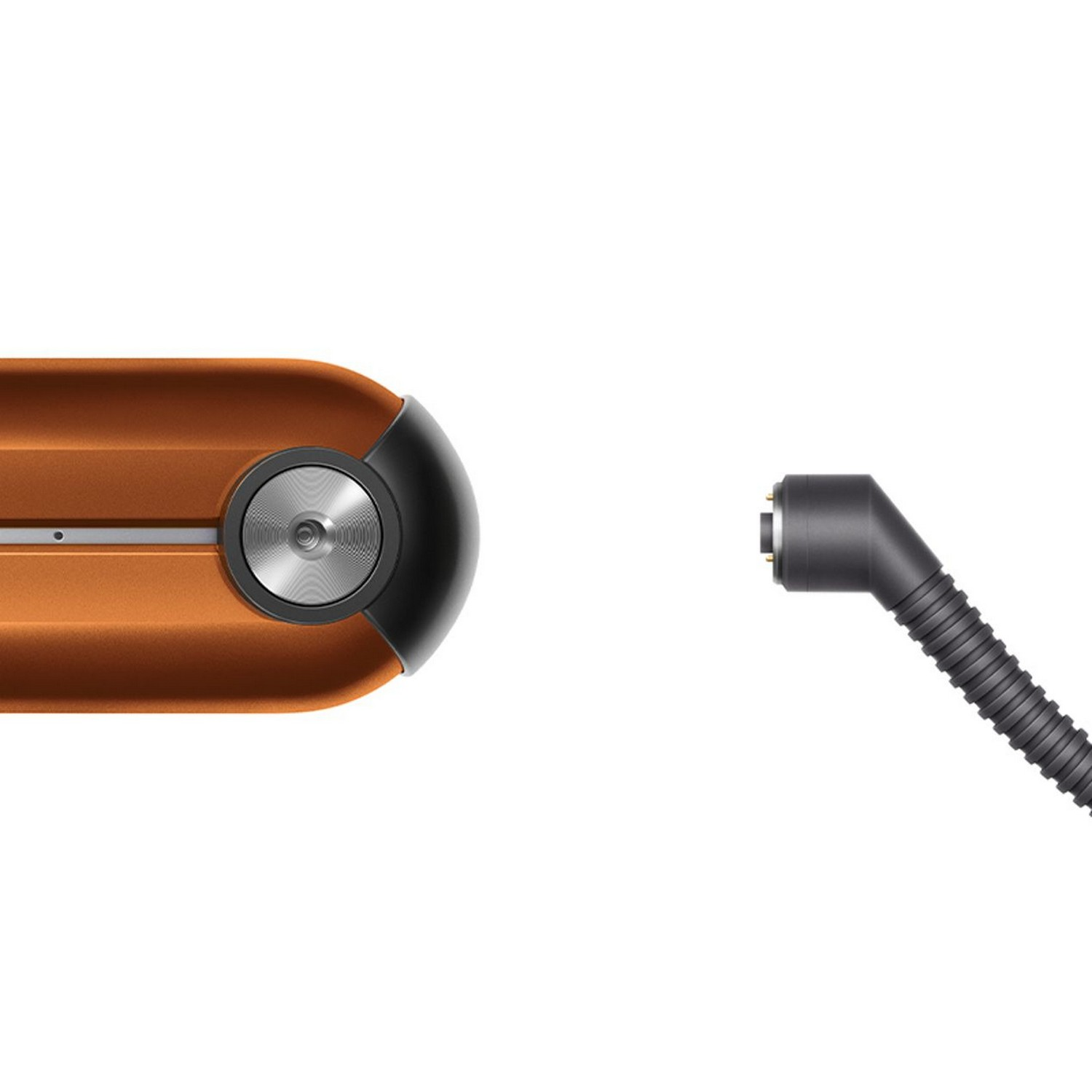 An orange hair styler with a black end, and a separate black cord with a plug.