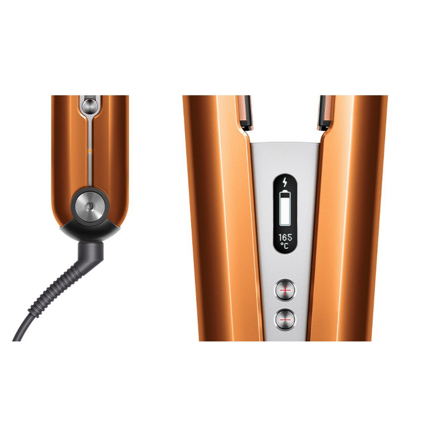 Close-up of a copper-colored hair straightener with a digital display showing temperature.