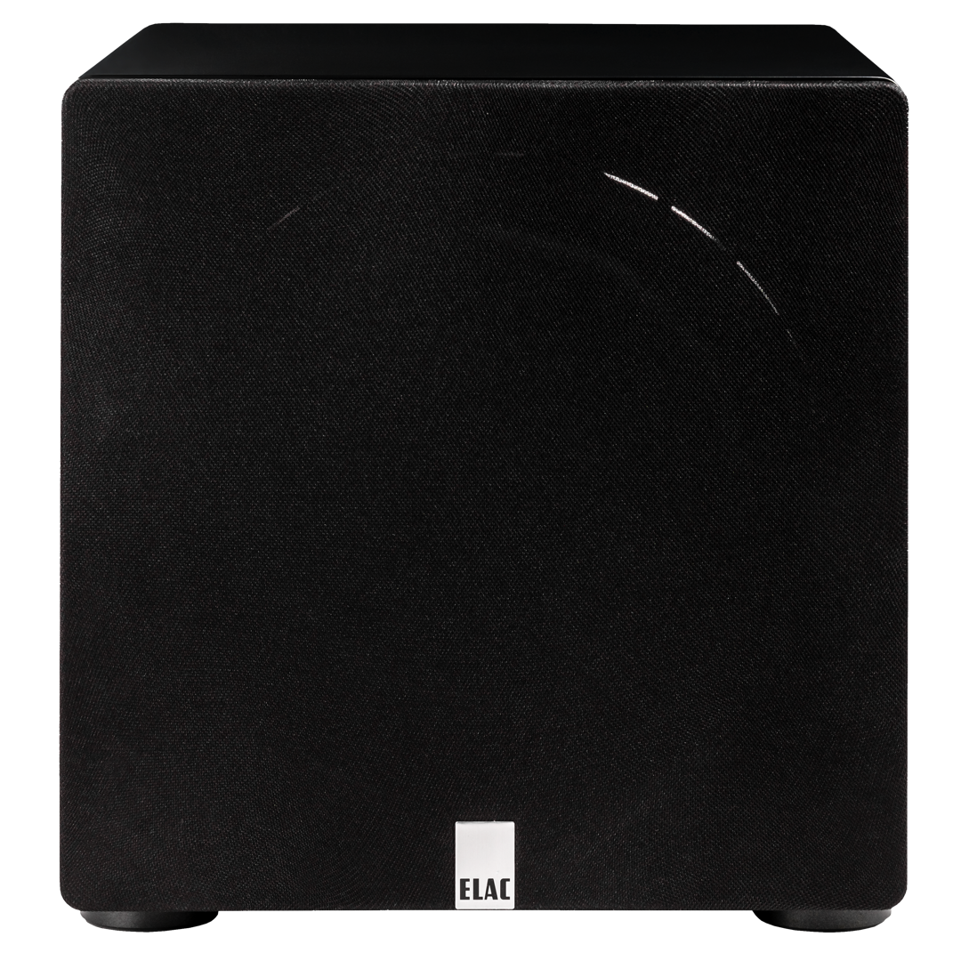 Ein schwarzer Subwoofer mit dem ELAC-Logo auf der Vorderseite.