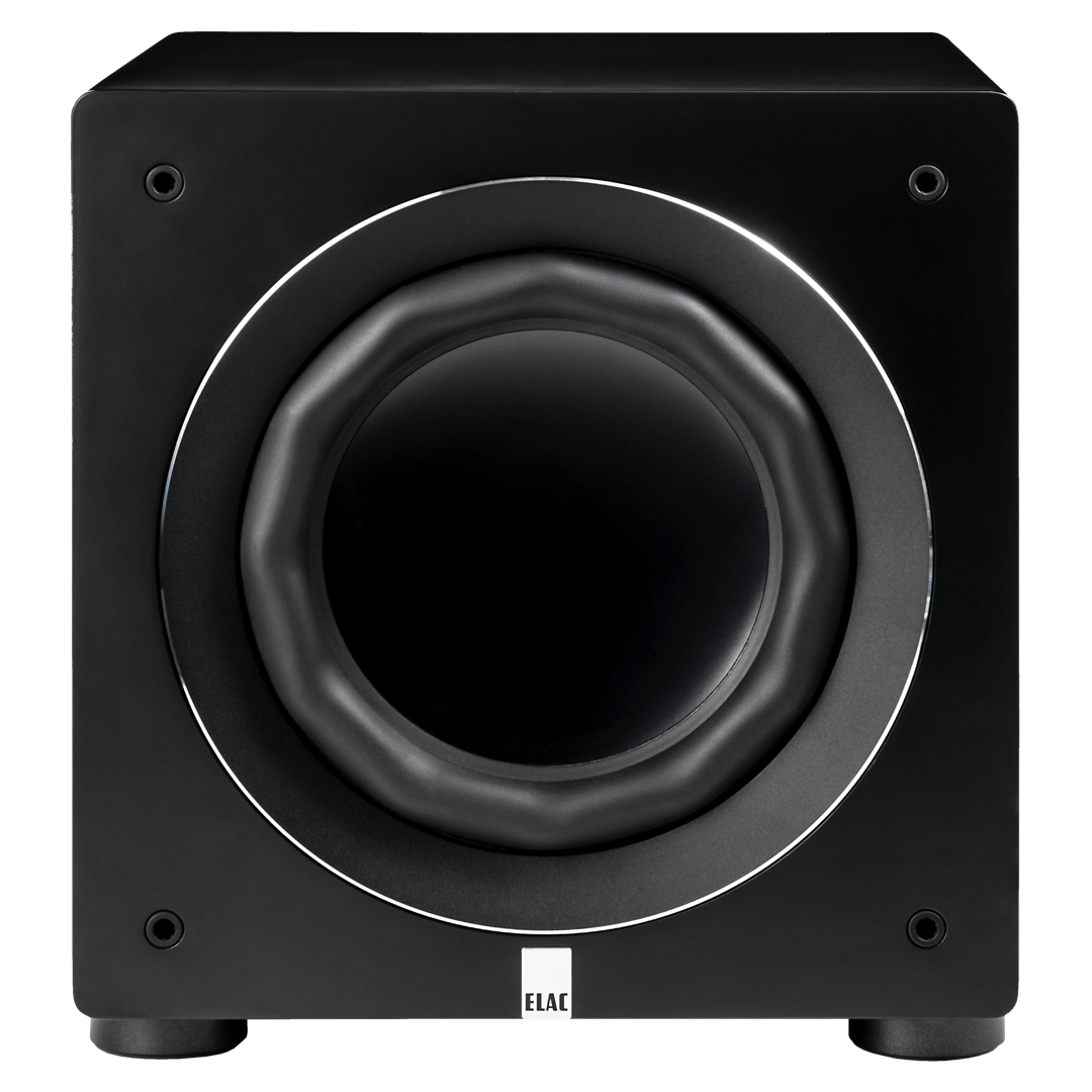 Schwarzer Subwoofer mit großem kreisförmigen Lautsprecher und weißem ELAC-Logo.