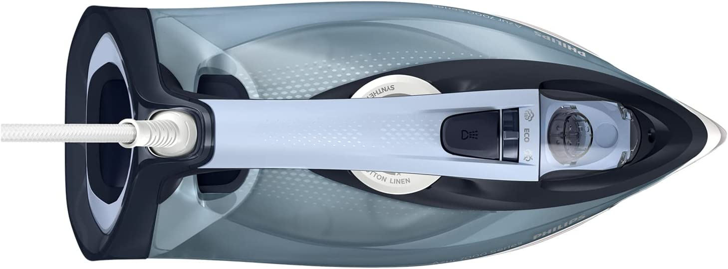 Vista superior de una plancha azul y negra con cable blanco, que muestra los ajustes.