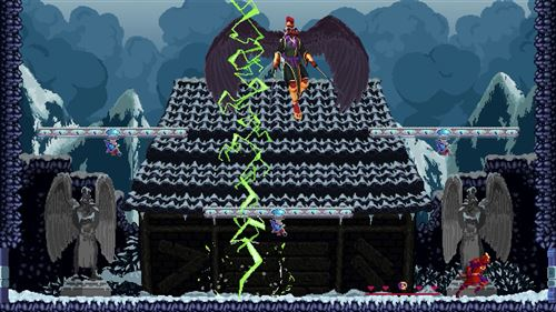 Escena de videojuego pixelada. Una figura alada con rayos y un edificio.