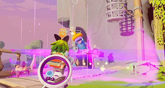 Una escena de videojuego con un personaje disparando. Efectos rosas y blancos en el aire.