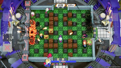 Una vista desde arriba de un videojuego con personajes, explosiones y un temporizador en la parte superior.