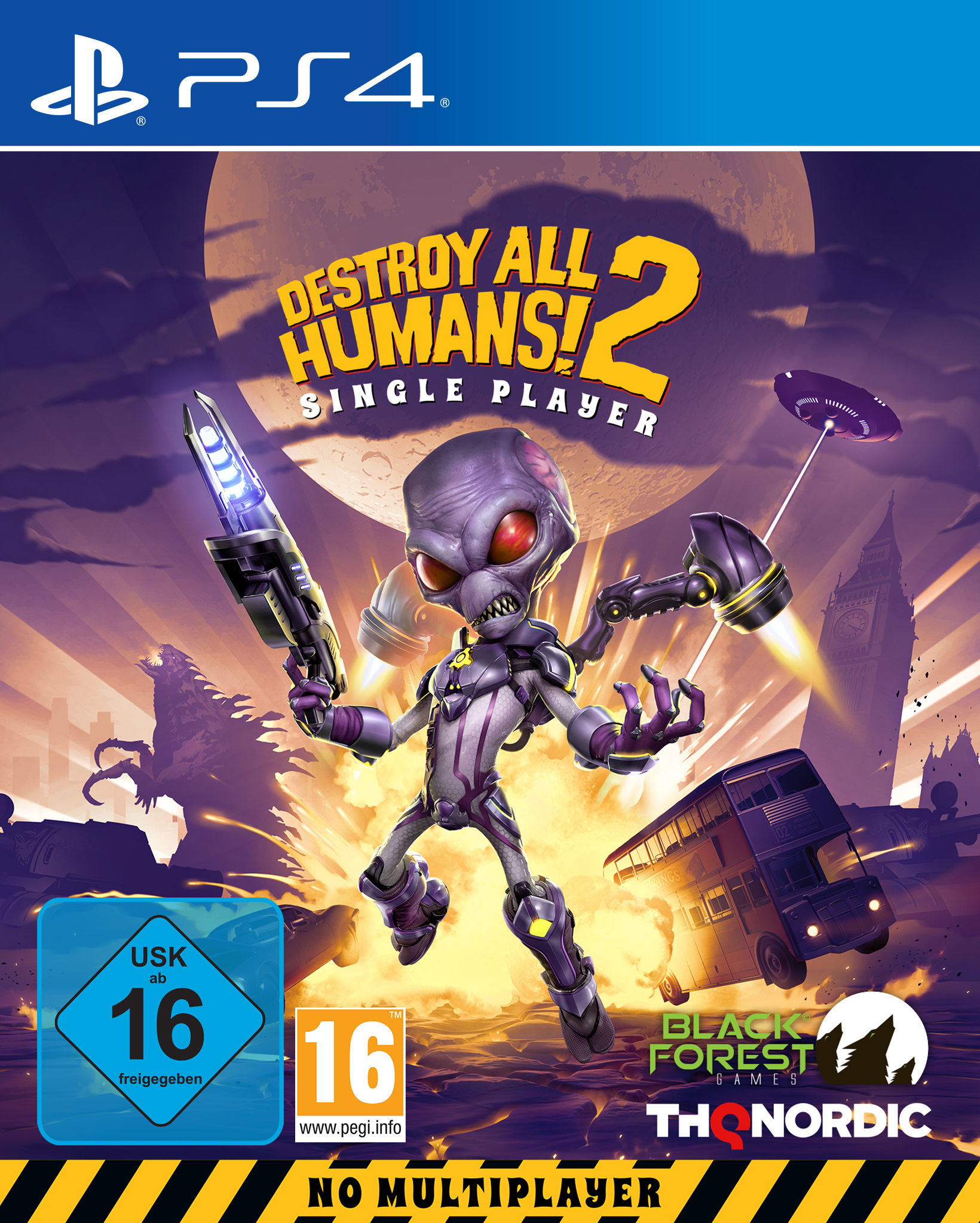 PS4-Spielcover: Alien-Charakter mit Waffen in einer Stadt, mit Mond im Hintergrund.