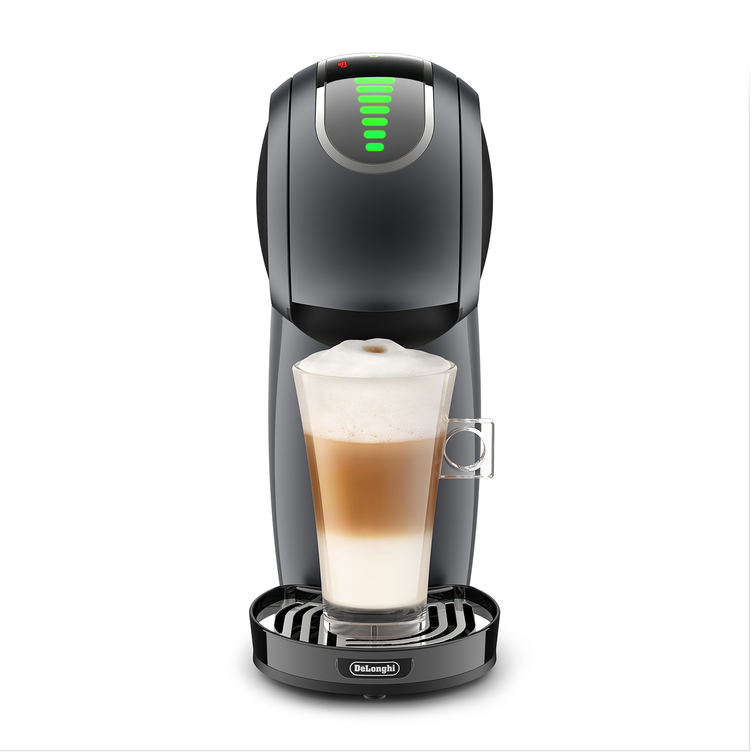 Una macchina da caffè nera con un bicchiere di latte, con luci verdi sulla parte anteriore.