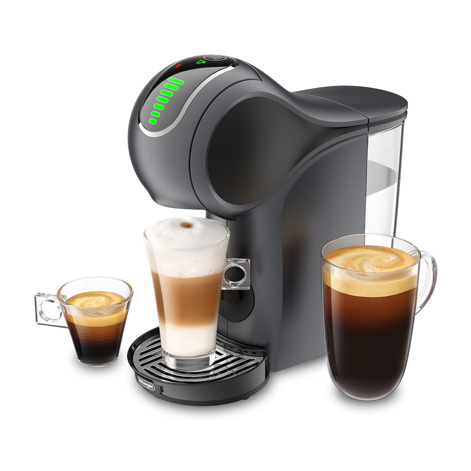 Una macchina per il caffè nera con tre bicchieri contenenti bevande al caffè. Sfondo bianco.