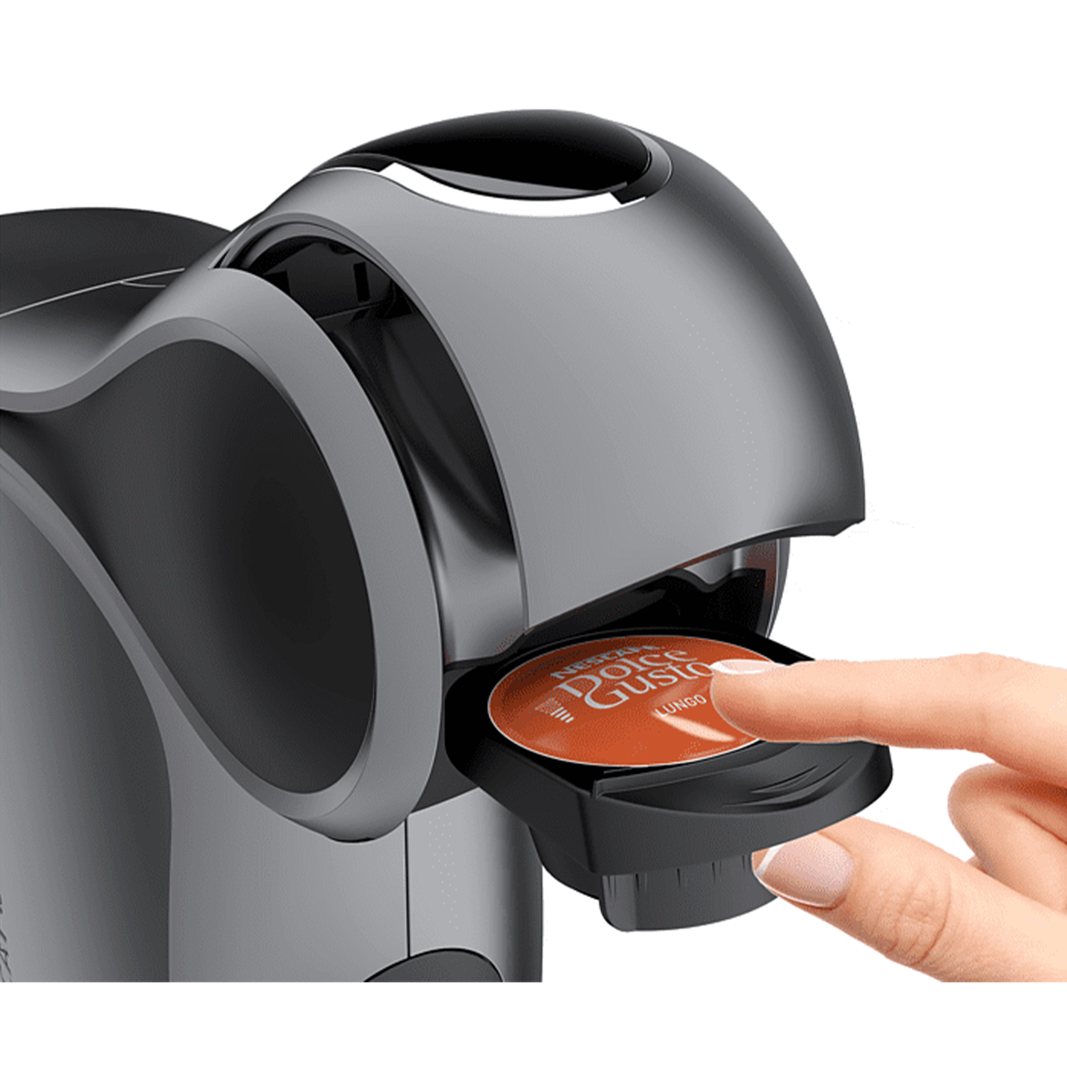 Una mano che inserisce una cialda di caffè in una macchina da caffè grigia e nera con la cialda visibile.