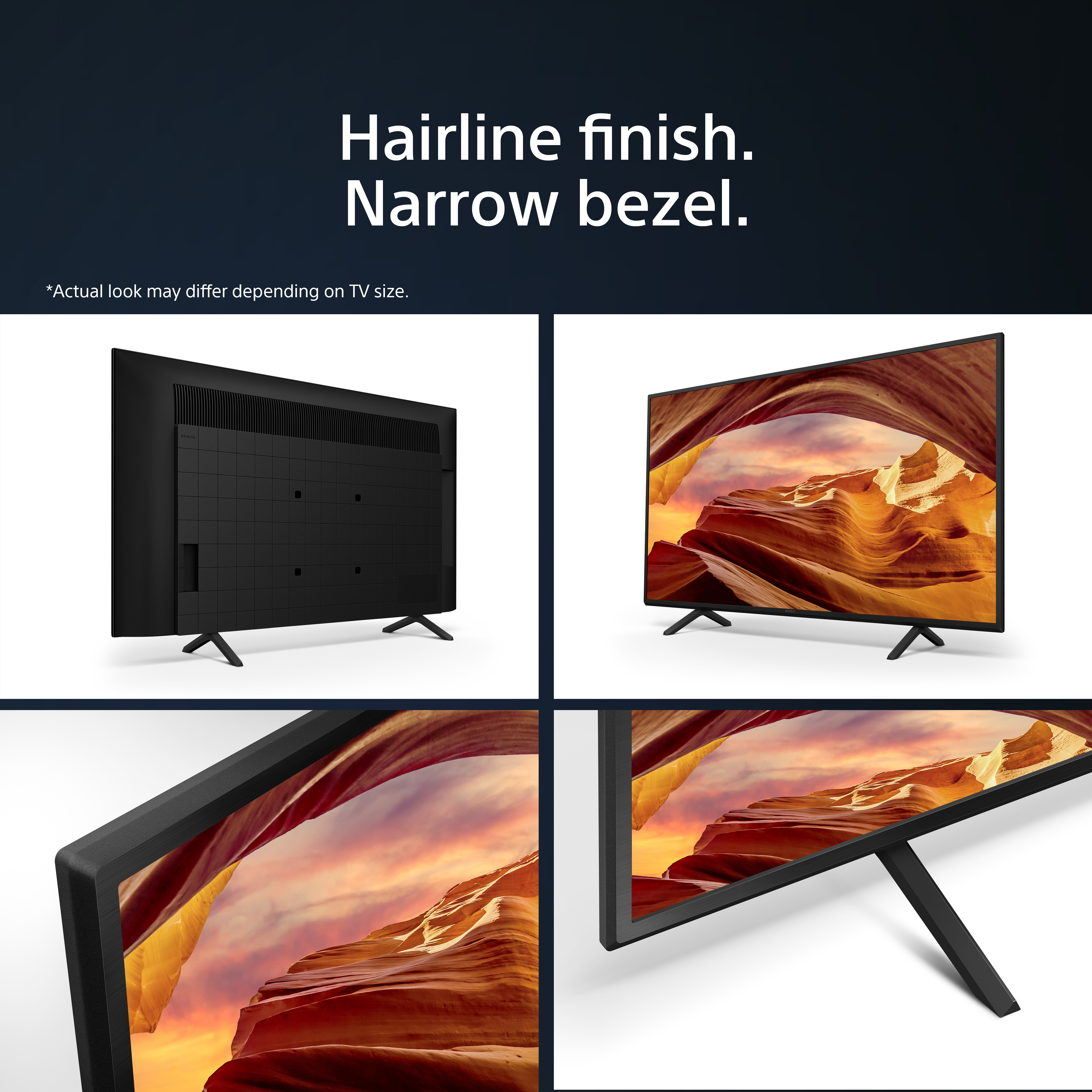 Vier Bilder eines schwarzen Sony-Fernsehers, die verschiedene Winkel und Details zeigen. Text: 'Haaransatz, schmale Blende'.