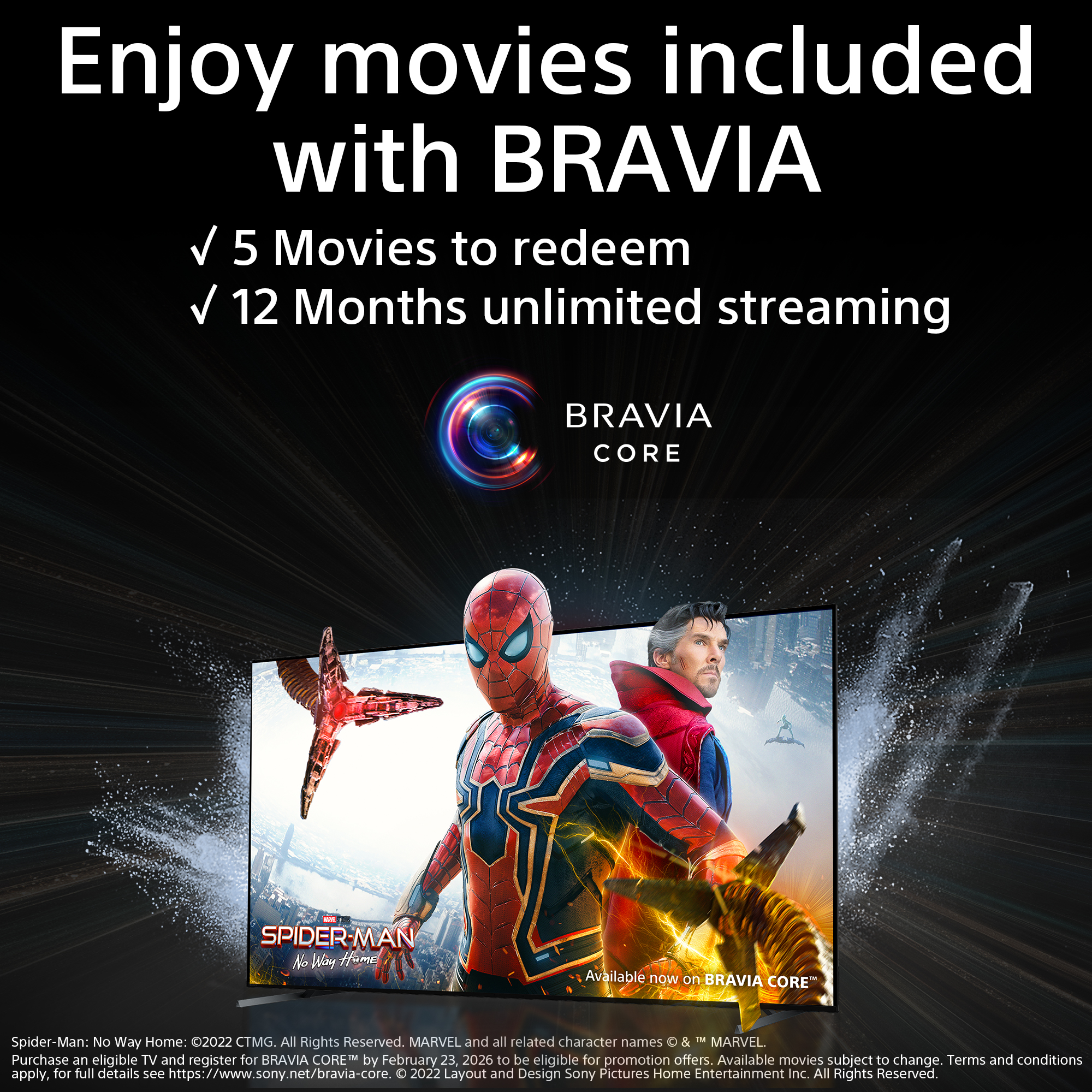 Werbung für BRAVIA TV: Enthält 5 Filme und 12 Monate Streaming. Spider-Man und Dr. Strange auf dem Bildschirm.