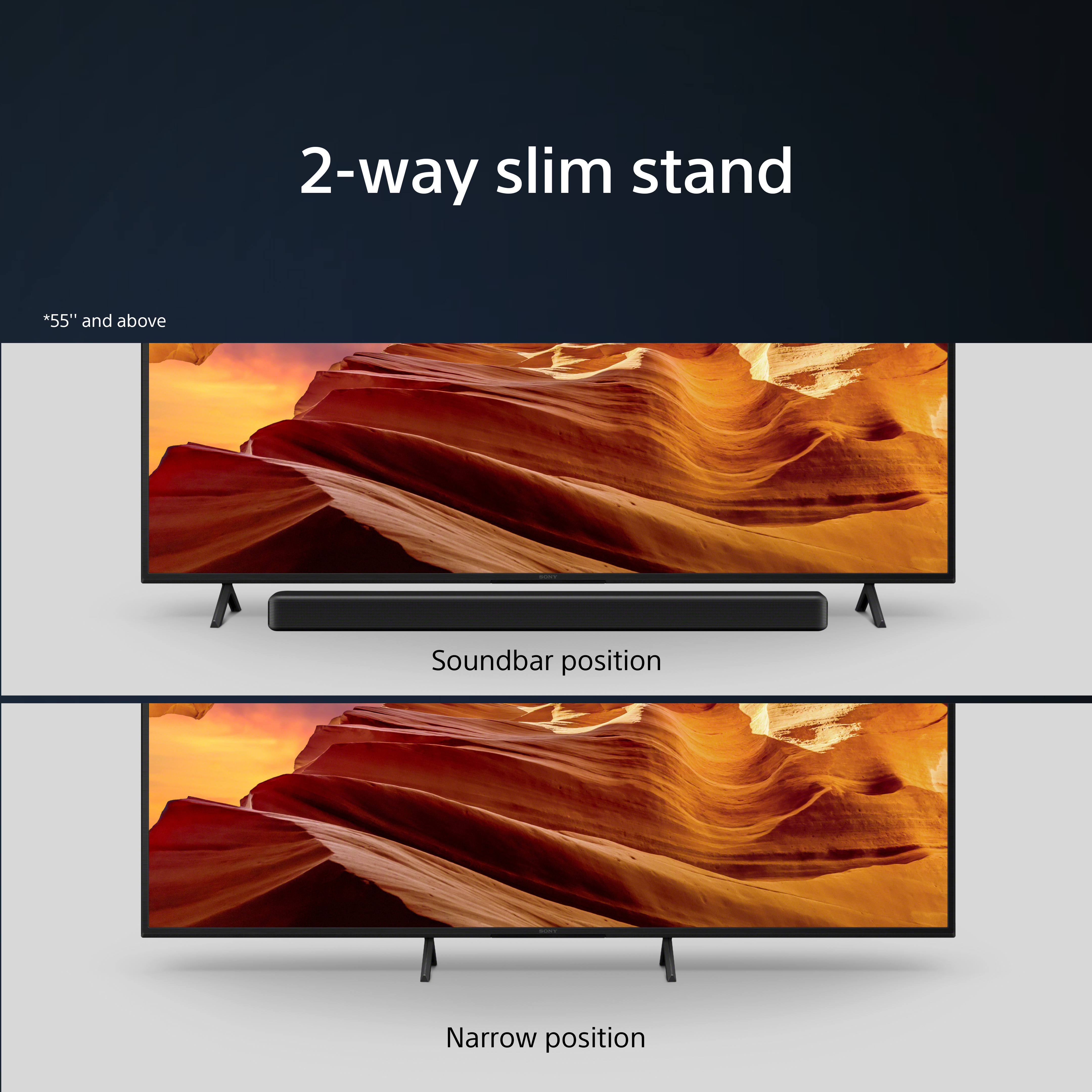 Zwei Fernseher mit einer Soundbar dazwischen, in Soundbar- und schmalen Positionen.