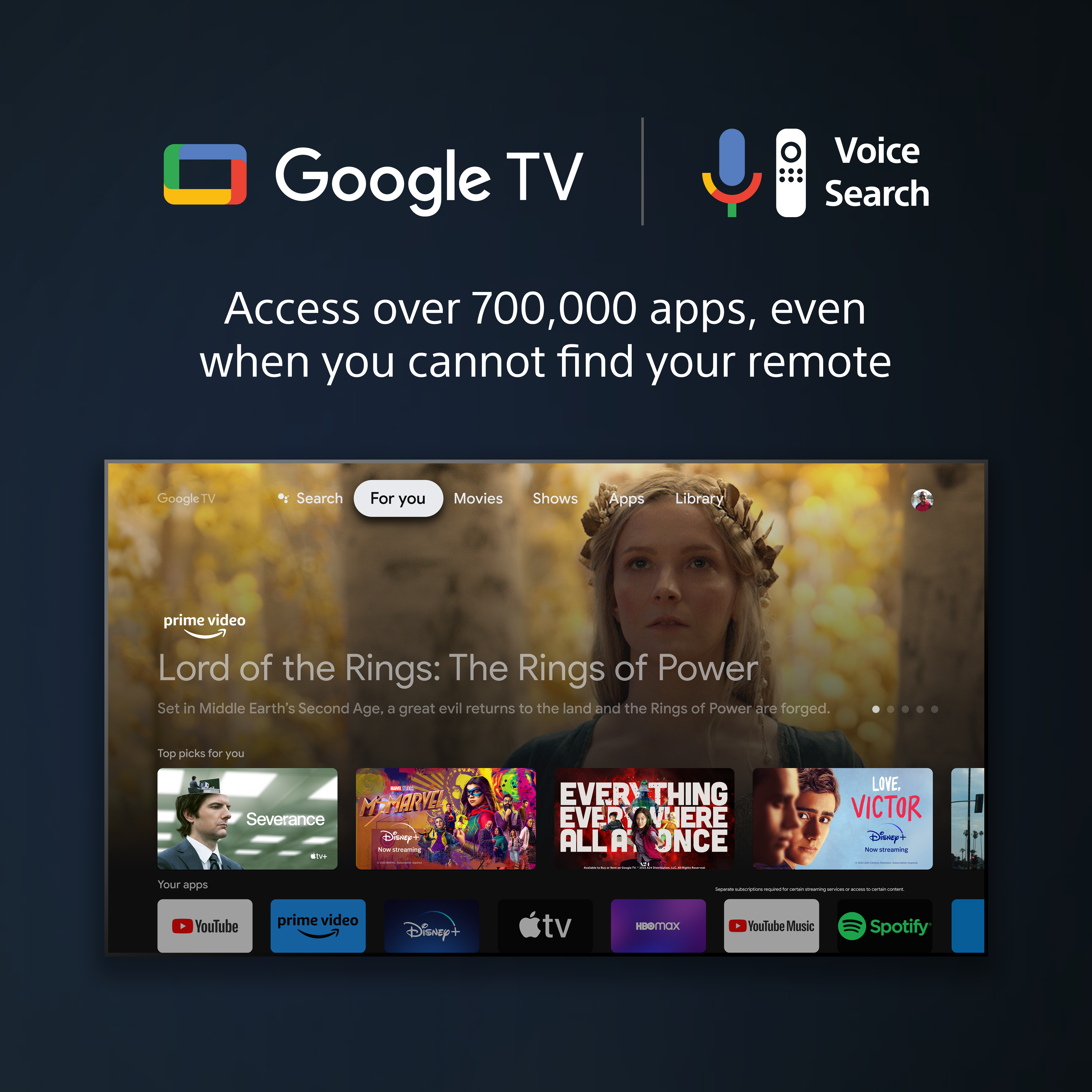 Ein Fernsehbildschirm mit einer Filmoberfläche, einem Google TV-Logo und einem Sprachsuchsymbol.