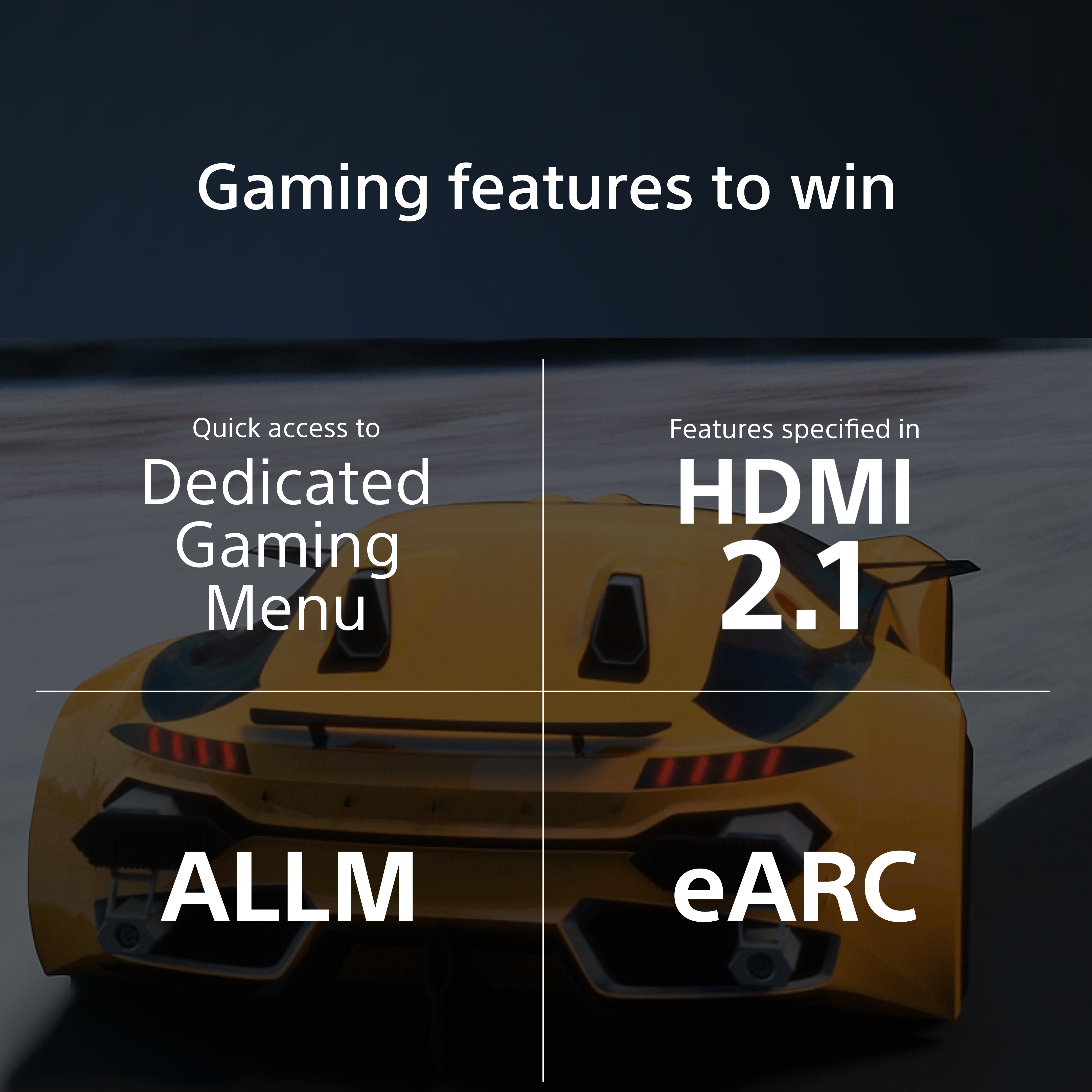 Das Bild zeigt Gaming-Funktionen: 4K 120, ALLM, eARC und ein dediziertes Gaming-Menü. Ein gelbes Auto im Hintergrund.