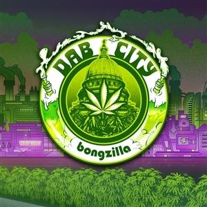 Rundes Logo mit Marihuanablatt, Stadt und Bongzilla-Text.