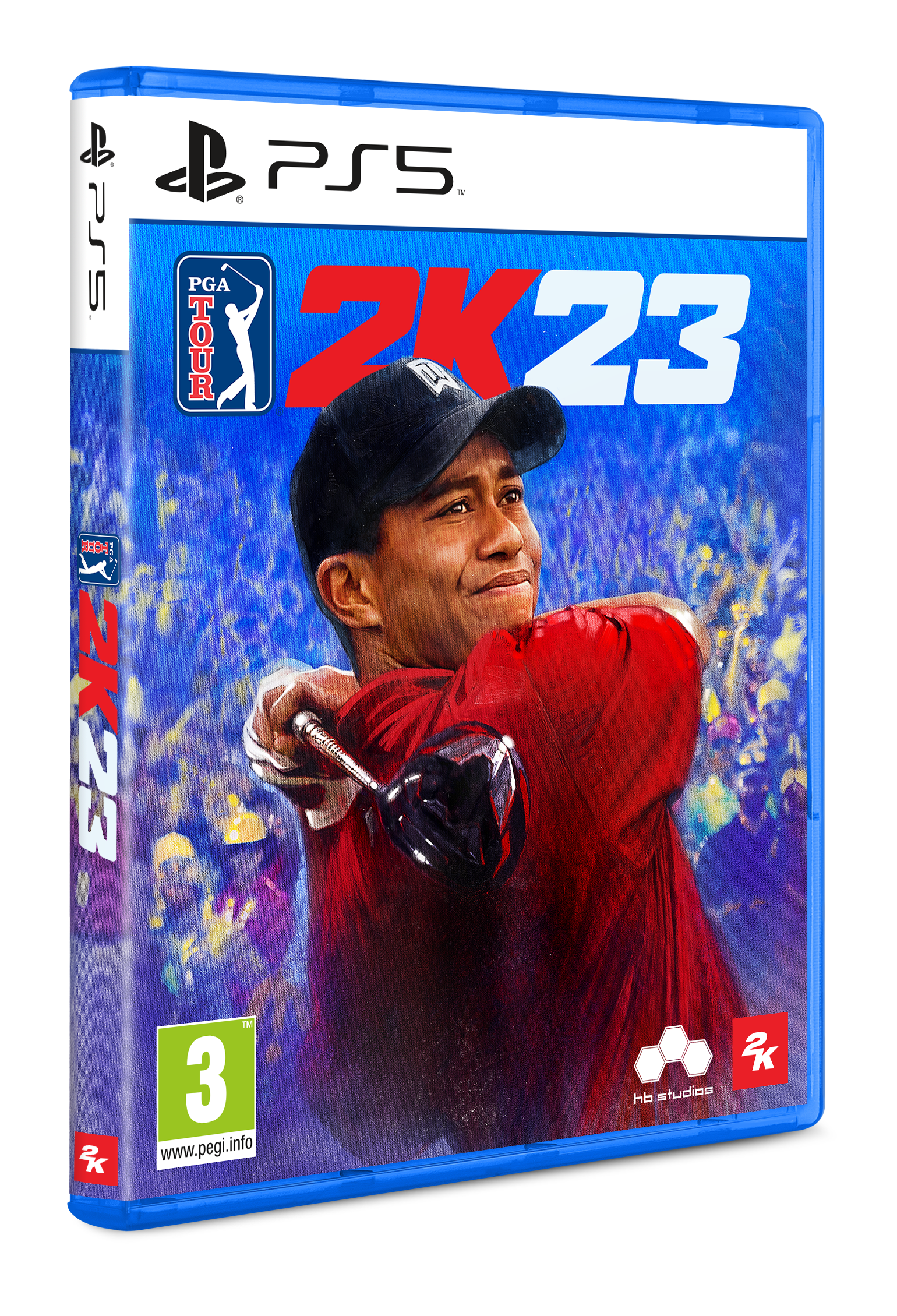 PGA Tour 2K23 için bir PS5 oyun kutusu, kırmızı giyinen bir golfçü, mavi kutu.