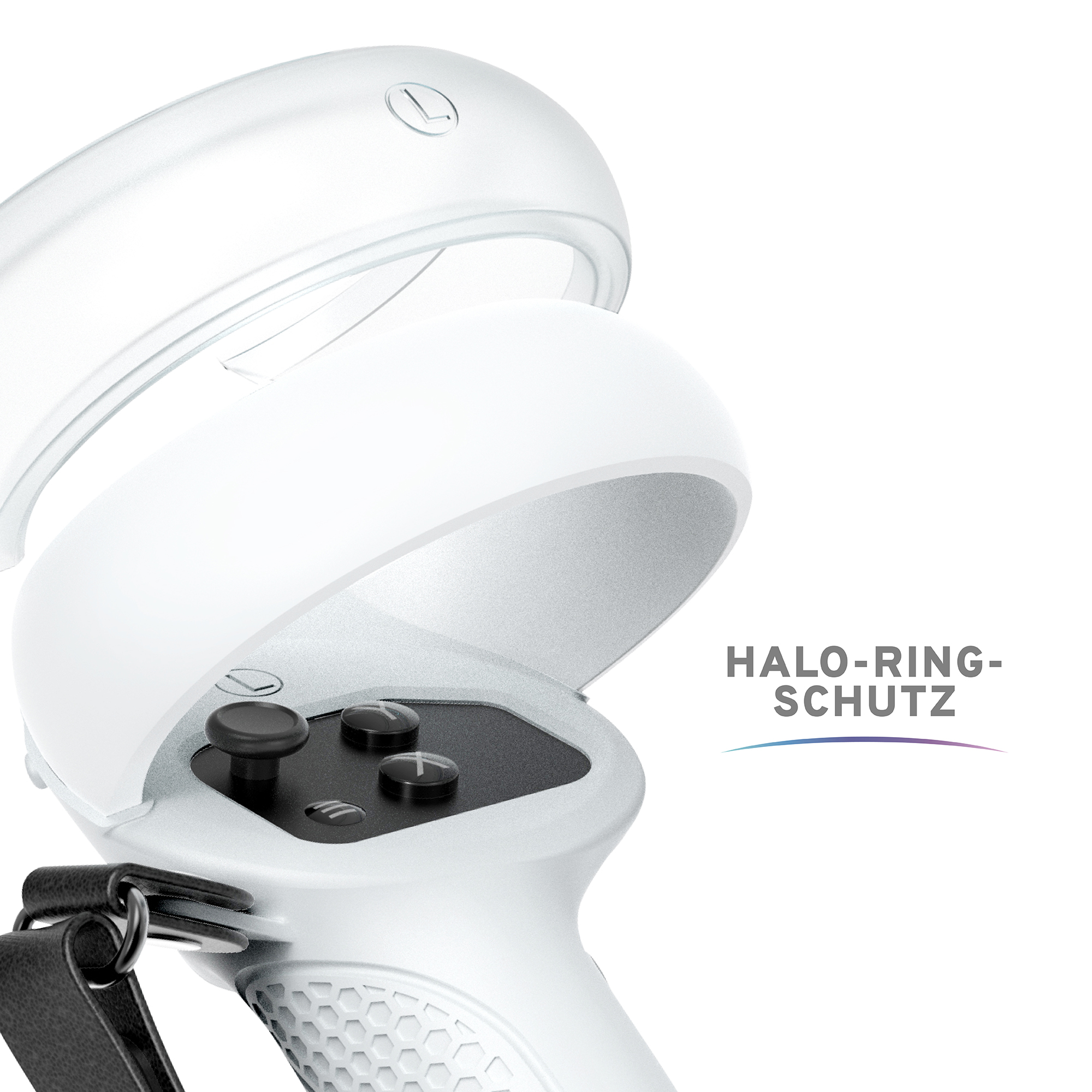 Weißer VR-Controller mit Schutzhülle, Text 'HALO-RING-SCHUTZ'.