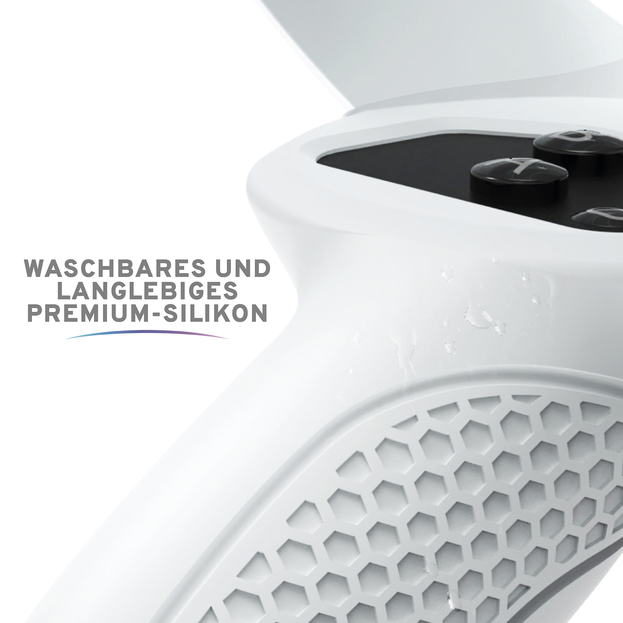 Nahaufnahme eines weißen Uhrenarmbands. Der Text 'WASCHBARES UND LANGLEBIGES PREMIUM-SILIKON' ist sichtbar.