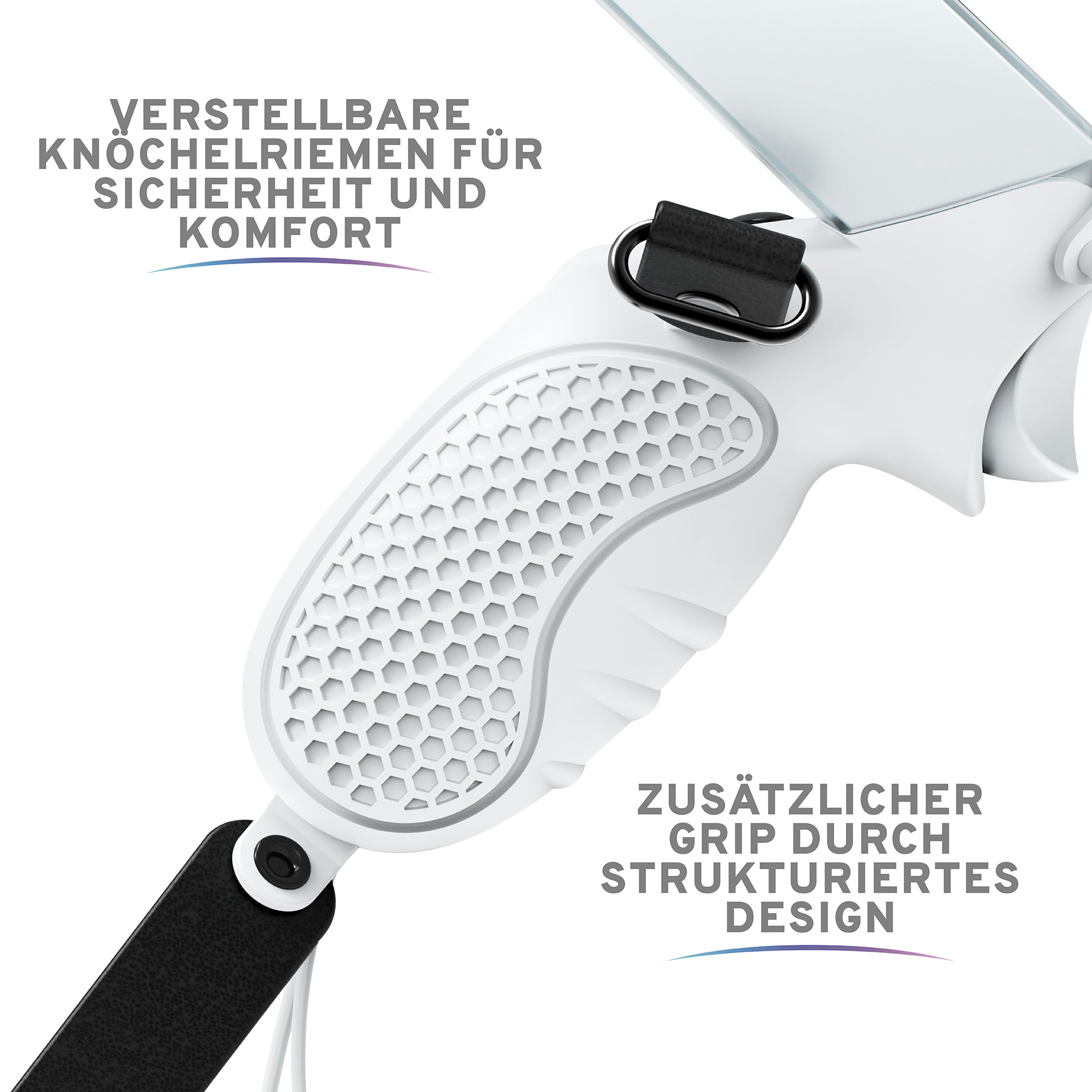 Nahaufnahme einer Lupe mit Textbeschriftungen. Der Griff ist weiß, der Riemen schwarz.