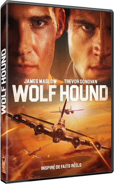 Filmaffiche met twee gezichten, titel "WOLF HOUND" en vliegtuigen boven een zonsondergang.