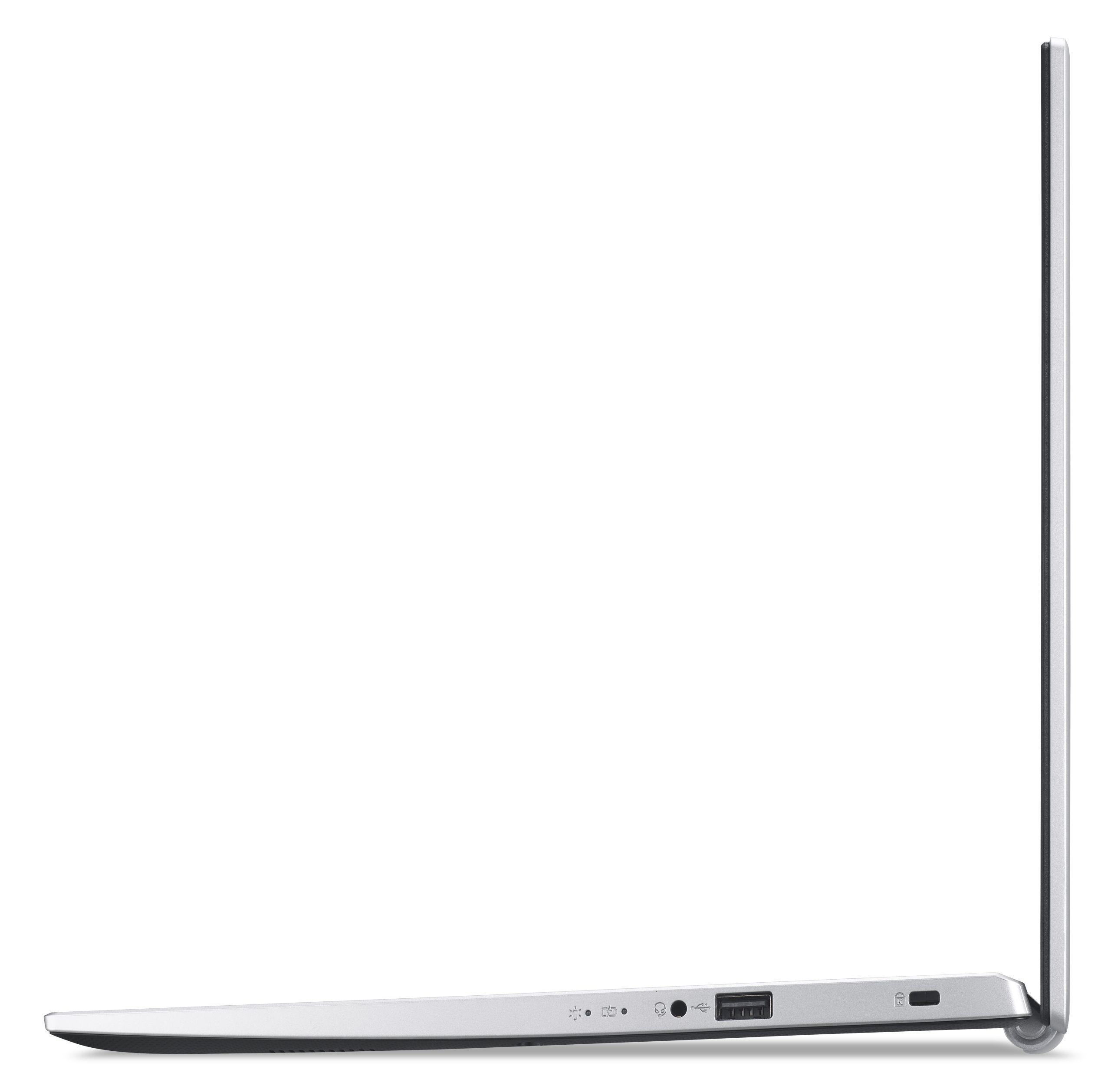Seitenansicht eines silbernen Laptops. Anschlüsse an der Seite sichtbar. Schwarzer Hintergrund.