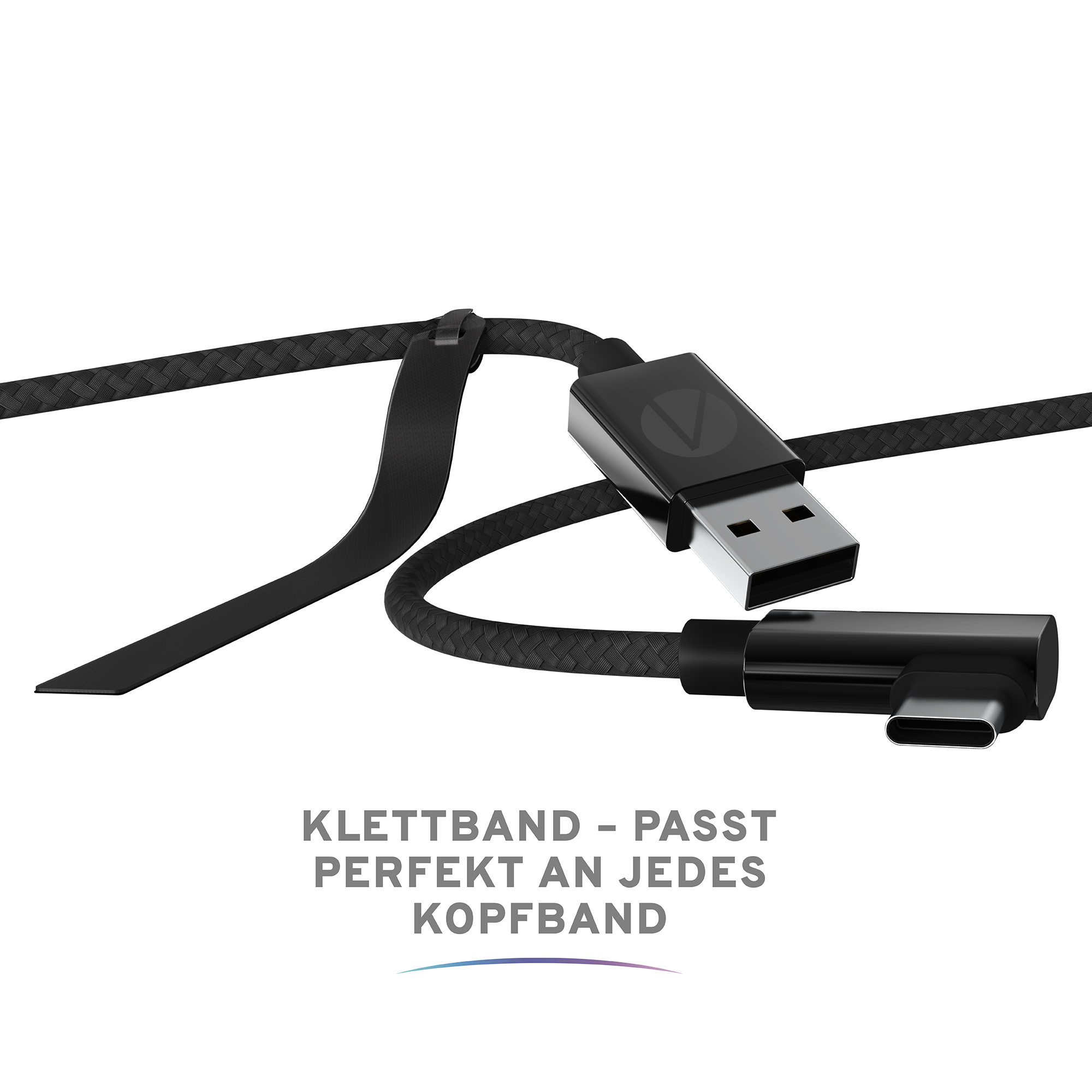 Geflochtenes USB-A-auf-USB-C-Kabel mit Riemen. Schwarz mit Text.