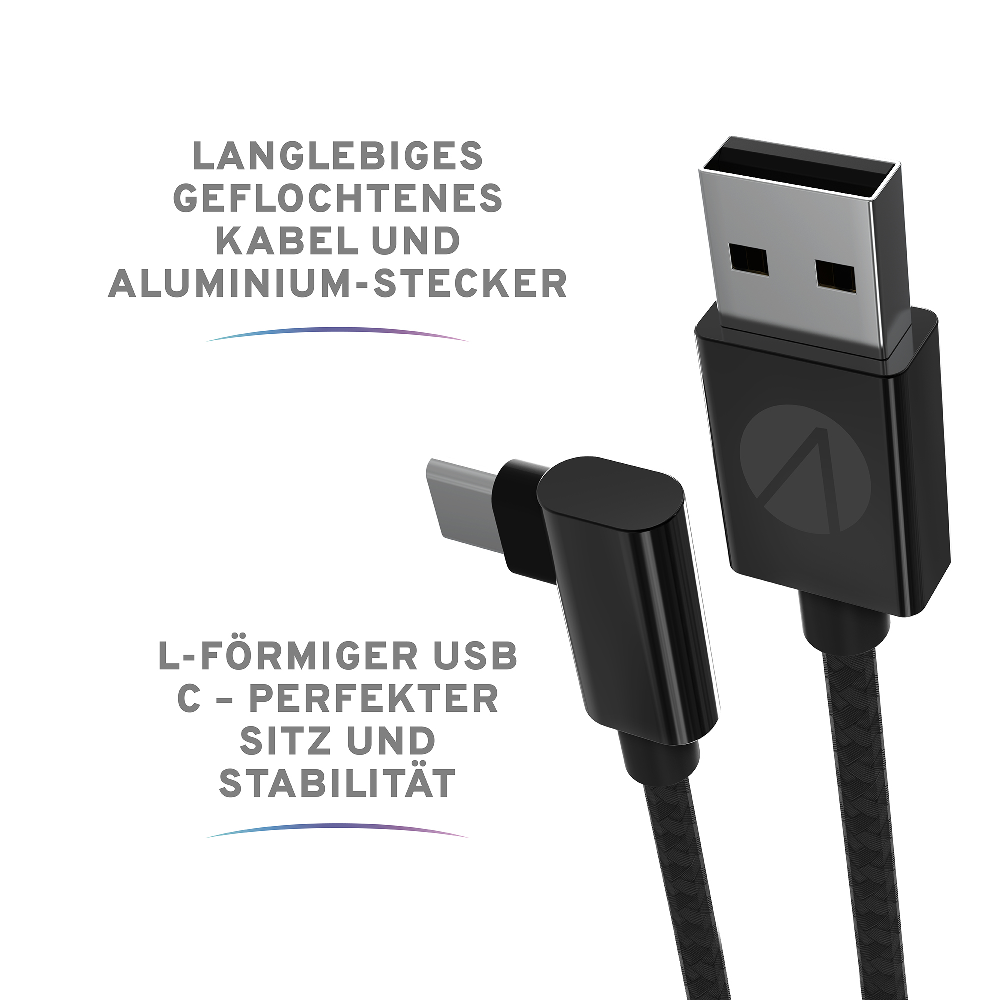 Schwarzes USB-C-Kabel. Es hat einen rechtwinkligen Stecker und ein geflochtenes Design.