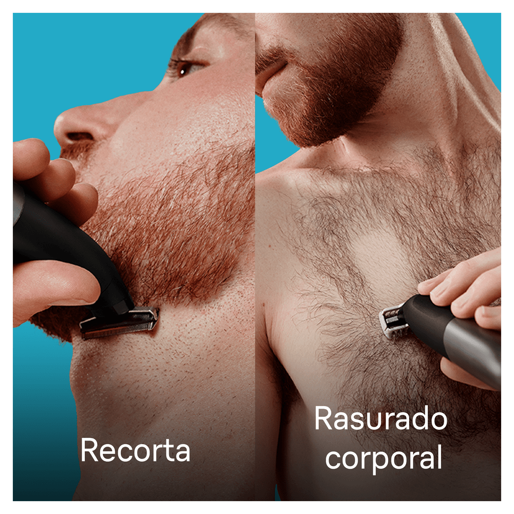 Hombre afeitándose la cara y el cuerpo. El fondo es azul.