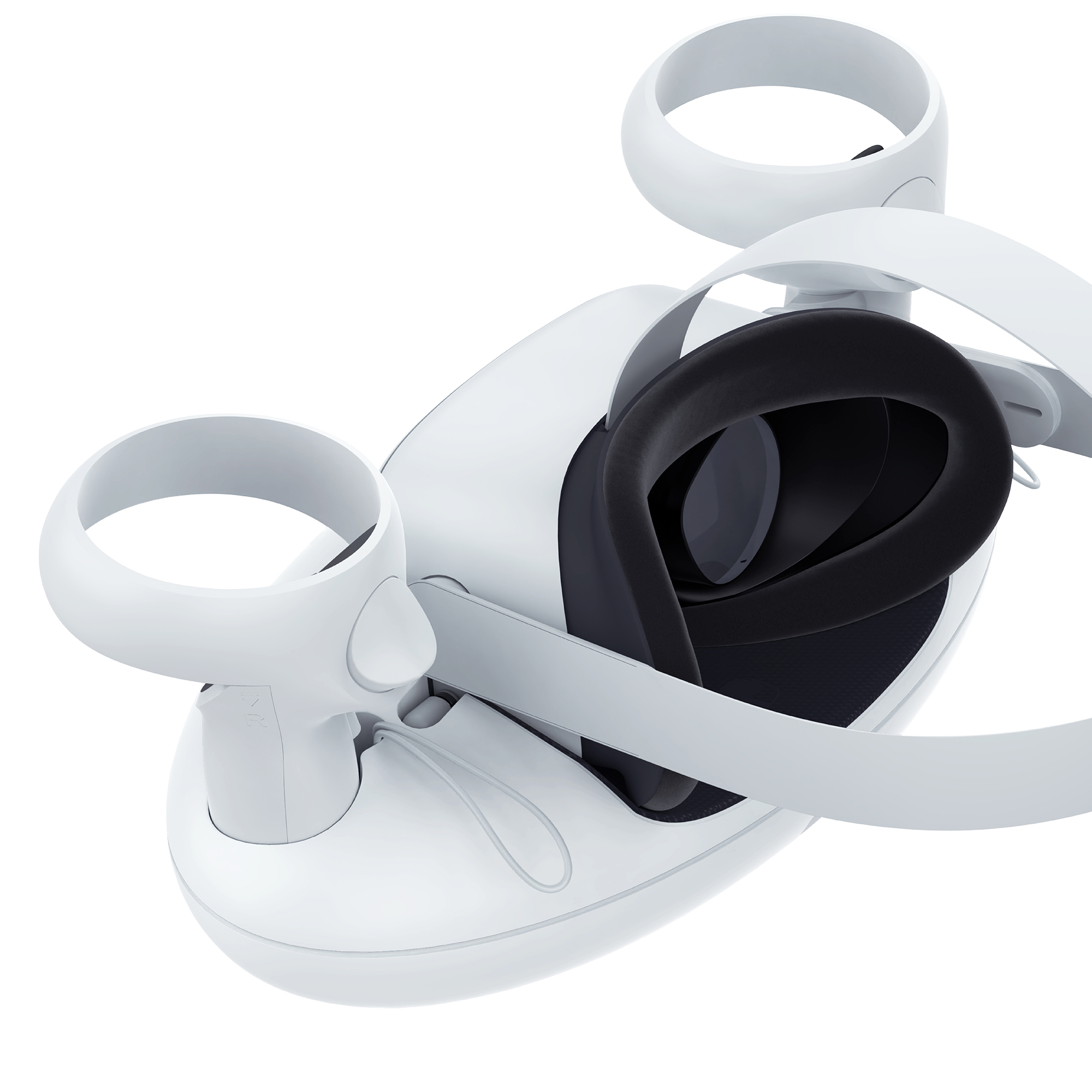Weißes VR-Headset mit Controllern, Riemen und schwarzer Gesichtsabdeckung.