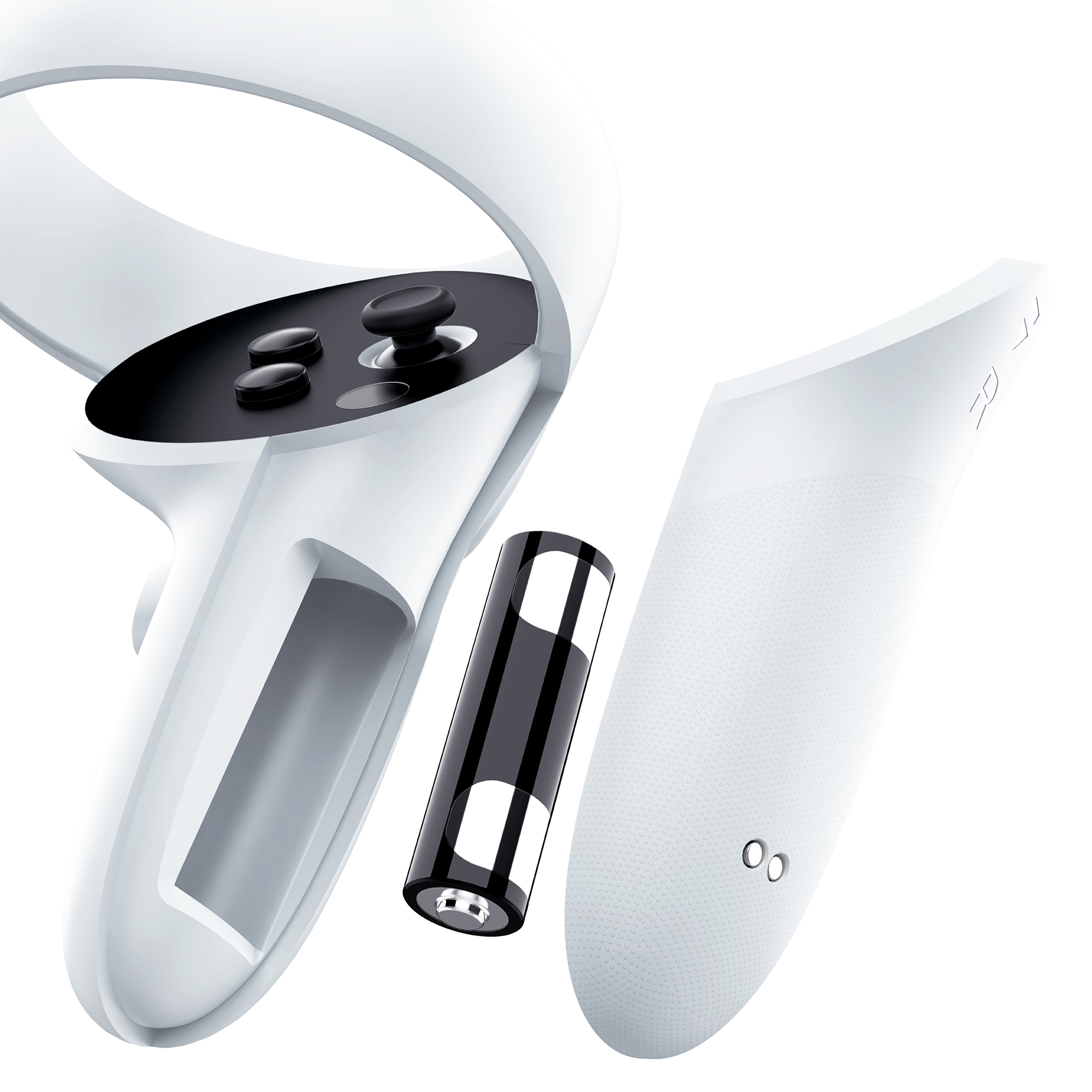 Zerlegter Oculus Quest 2 Controller, der das Batteriefach und eine AA-Batterie zeigt.