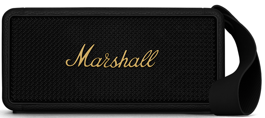 A black Marshall speaker with a gold 'Marshall' inscription.