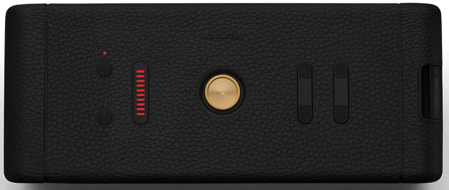 Black audio speaker with buttons, a volume indicator, and a gold knob.