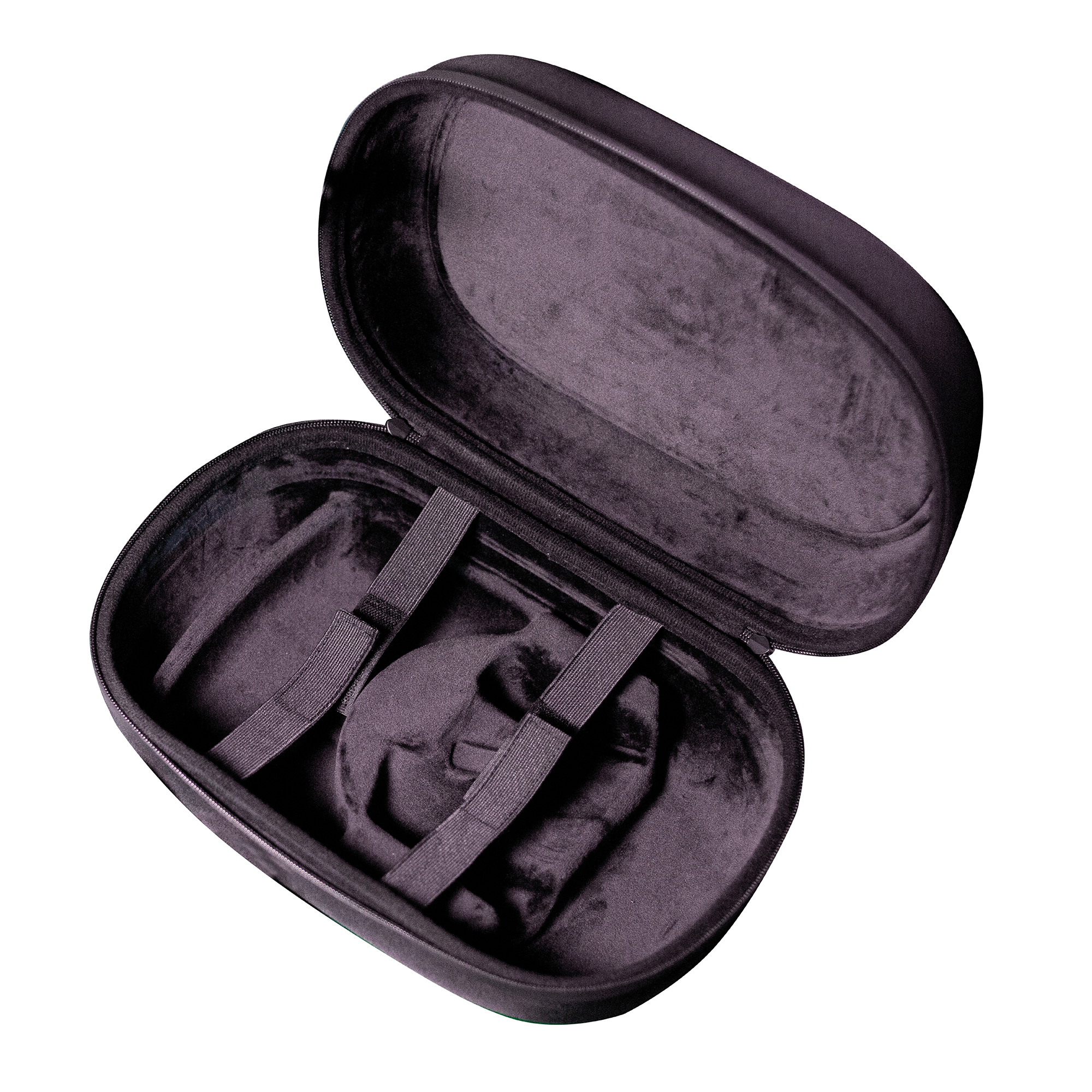 Ein geöffnetes schwarzes Etui mit Riemen, vermutlich zur Aufbewahrung von Kopfhörern.