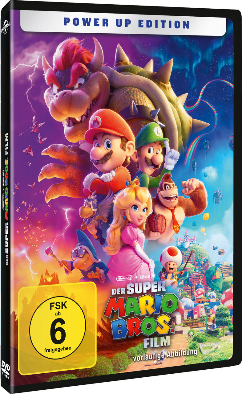 Eine DVD-Box-Set von Der Super Mario Bros. Film. Die Charaktere Mario, Luigi, Peach und Bowser werden gezeigt.