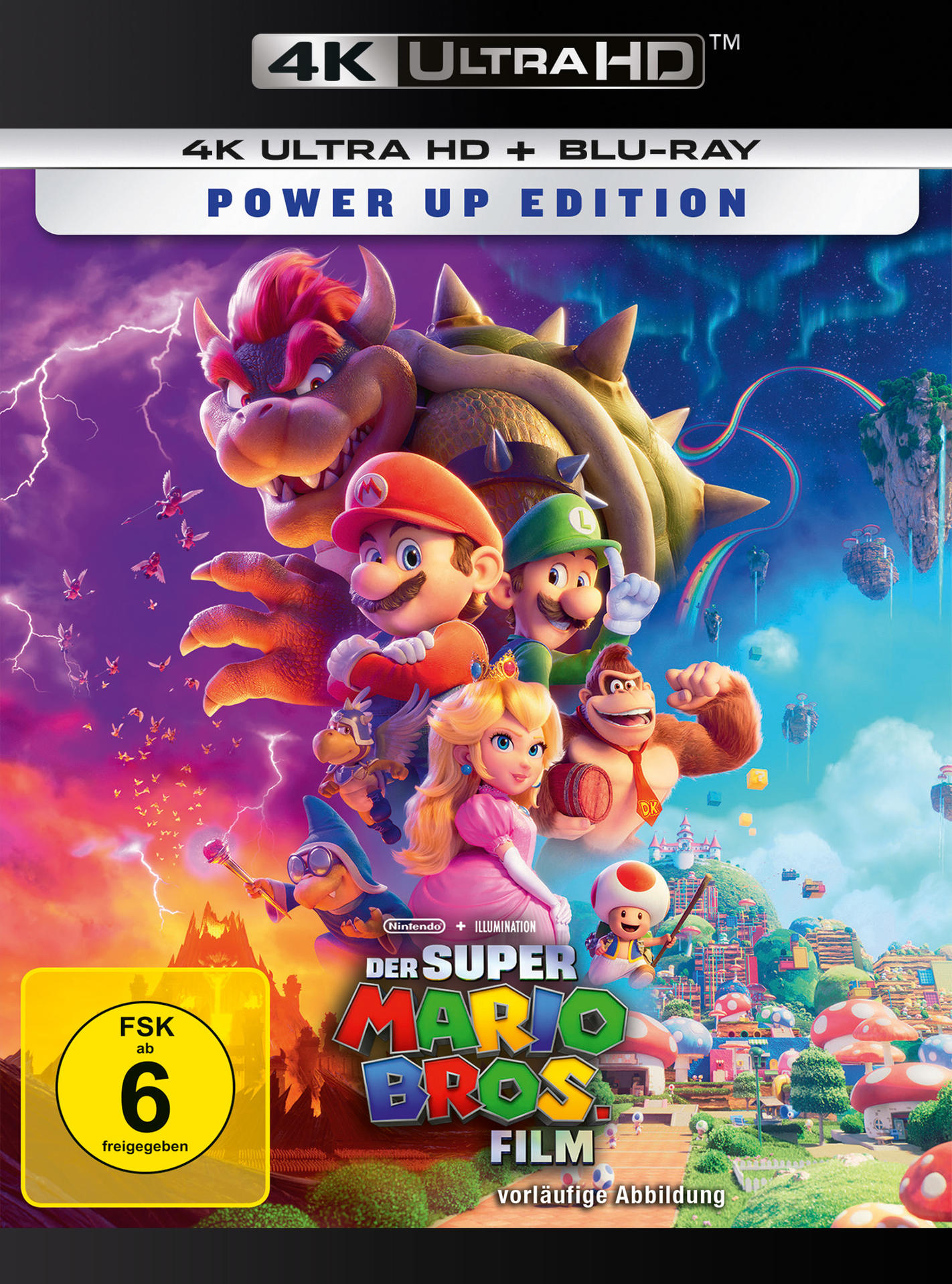 Mario Bros. Filmcover. Charaktere Mario, Luigi, Peach, Donkey Kong, Bowser. Farbenfrohes Design.