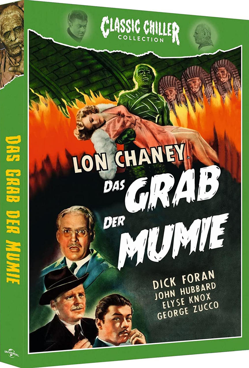 Filmplakat für "Die Mumie", mit Lon Chaney in einer Horrorszene.