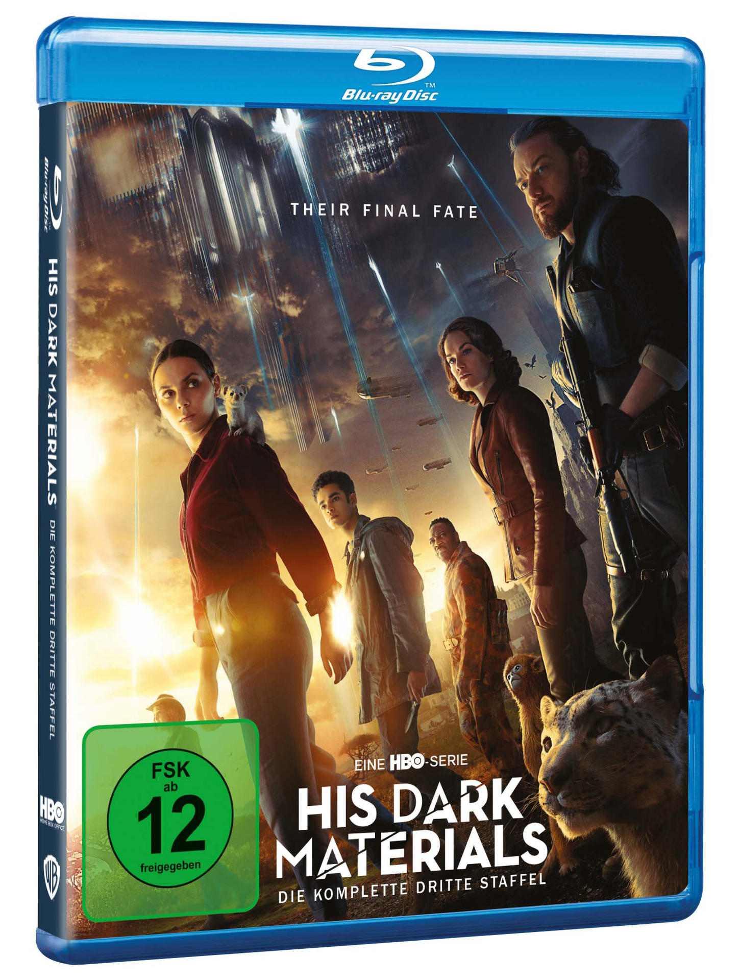 Blu-ray-Disc-Cover von His Dark Materials, mit Menschen und einem Schneeleoparden.