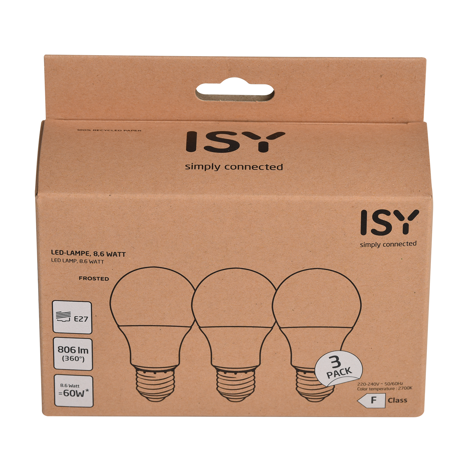 Scatola di cartone con 3 lampadine LED. Stampato 'ISY simply connected'.