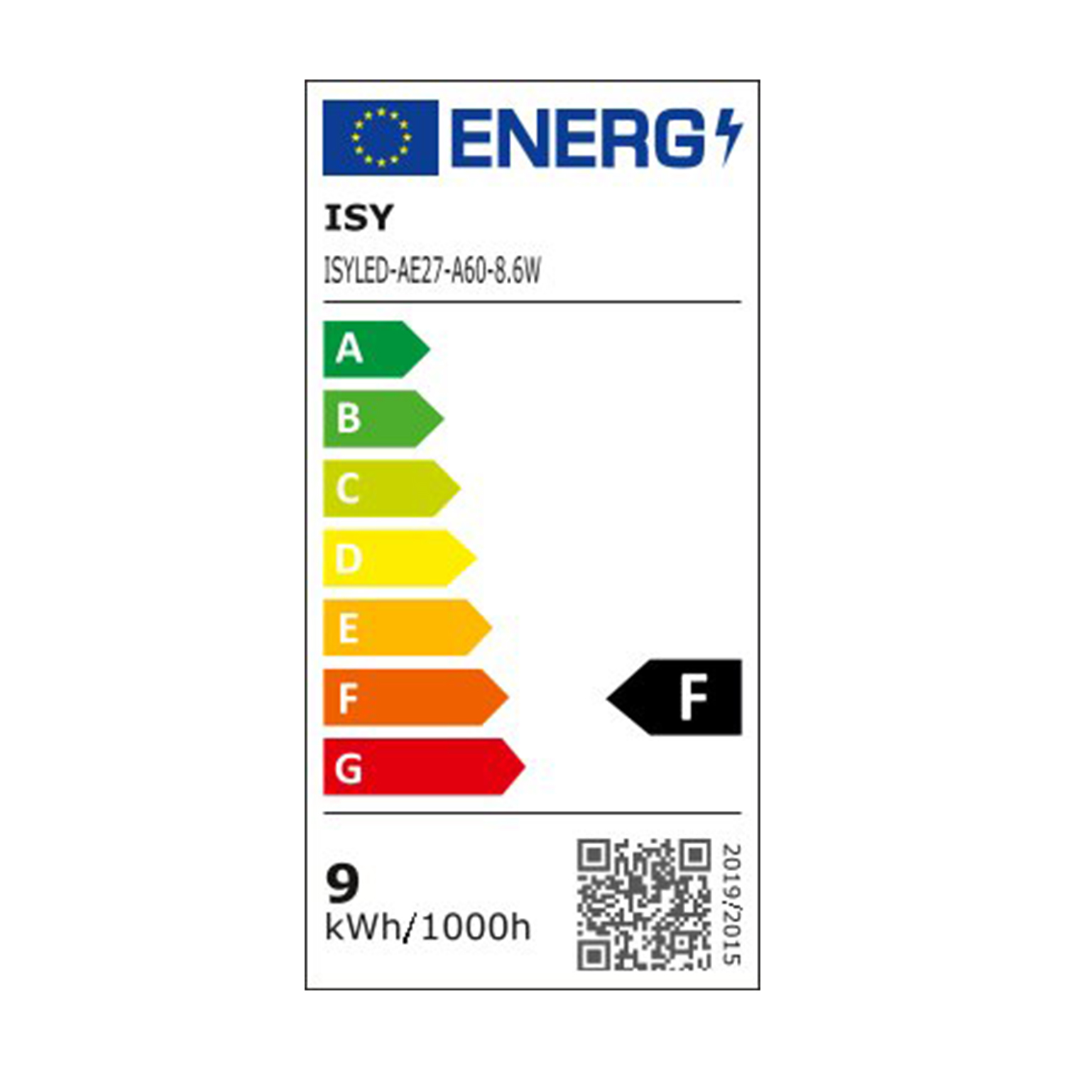 Etichetta di efficienza energetica. Sfondo giallo con lettera F bianca e frecce. Testo nero e codice QR.