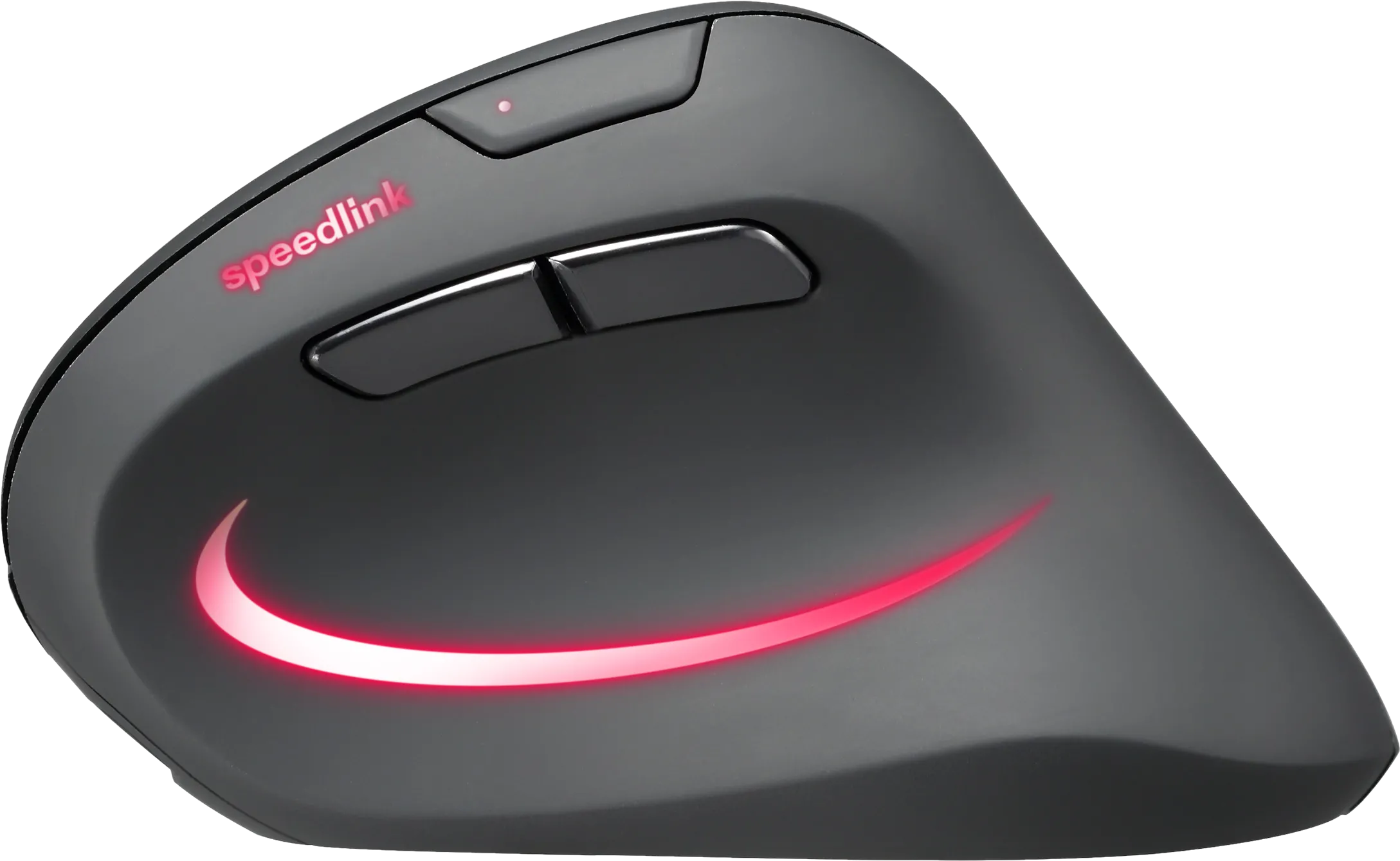 Un mouse ergonomico nero con dettagli rossi e due pulsanti. Il logo Speedlink è visibile.