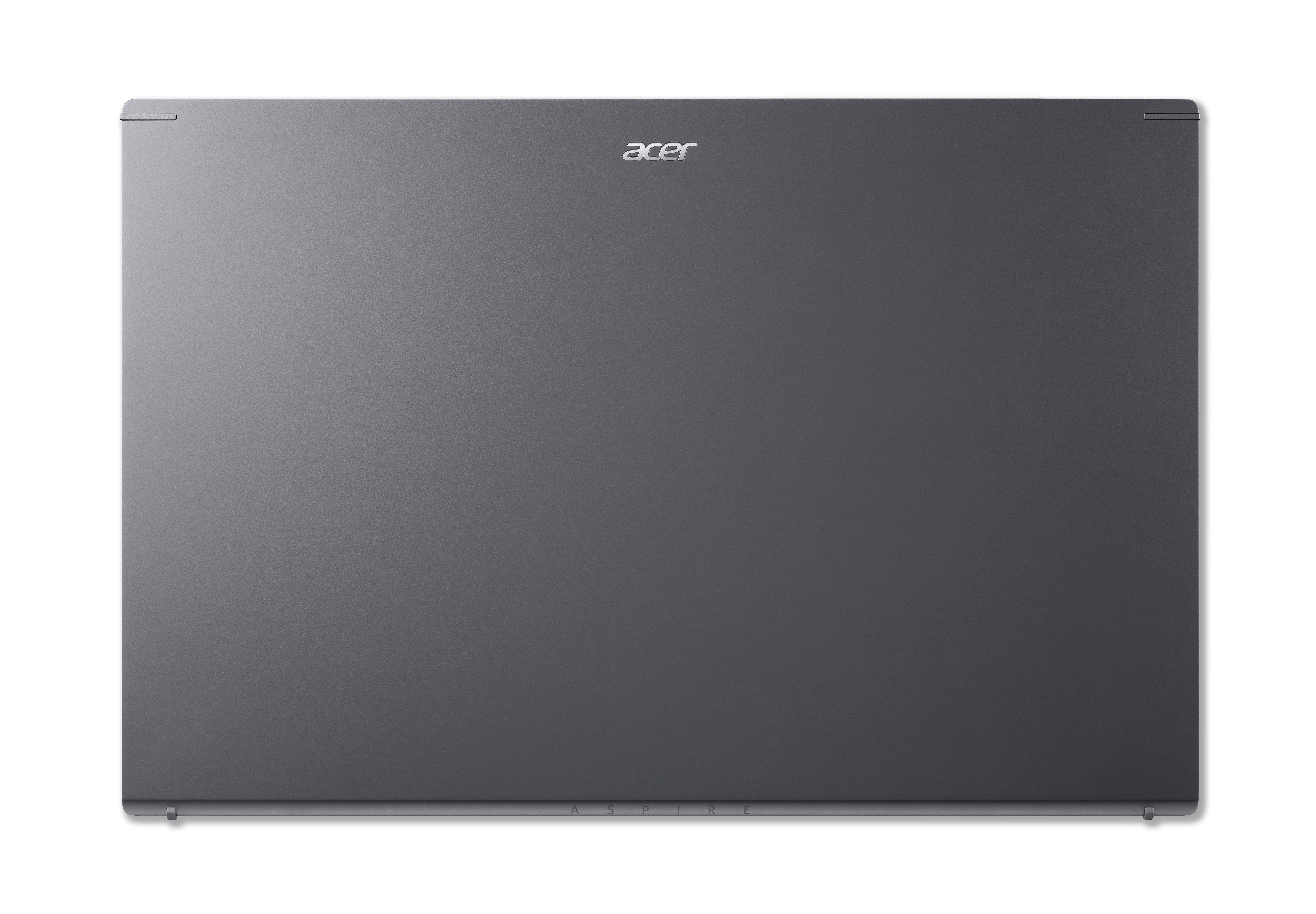 Draufsicht auf einen grauen Laptop. Acer-Logo, weißer Hintergrund.