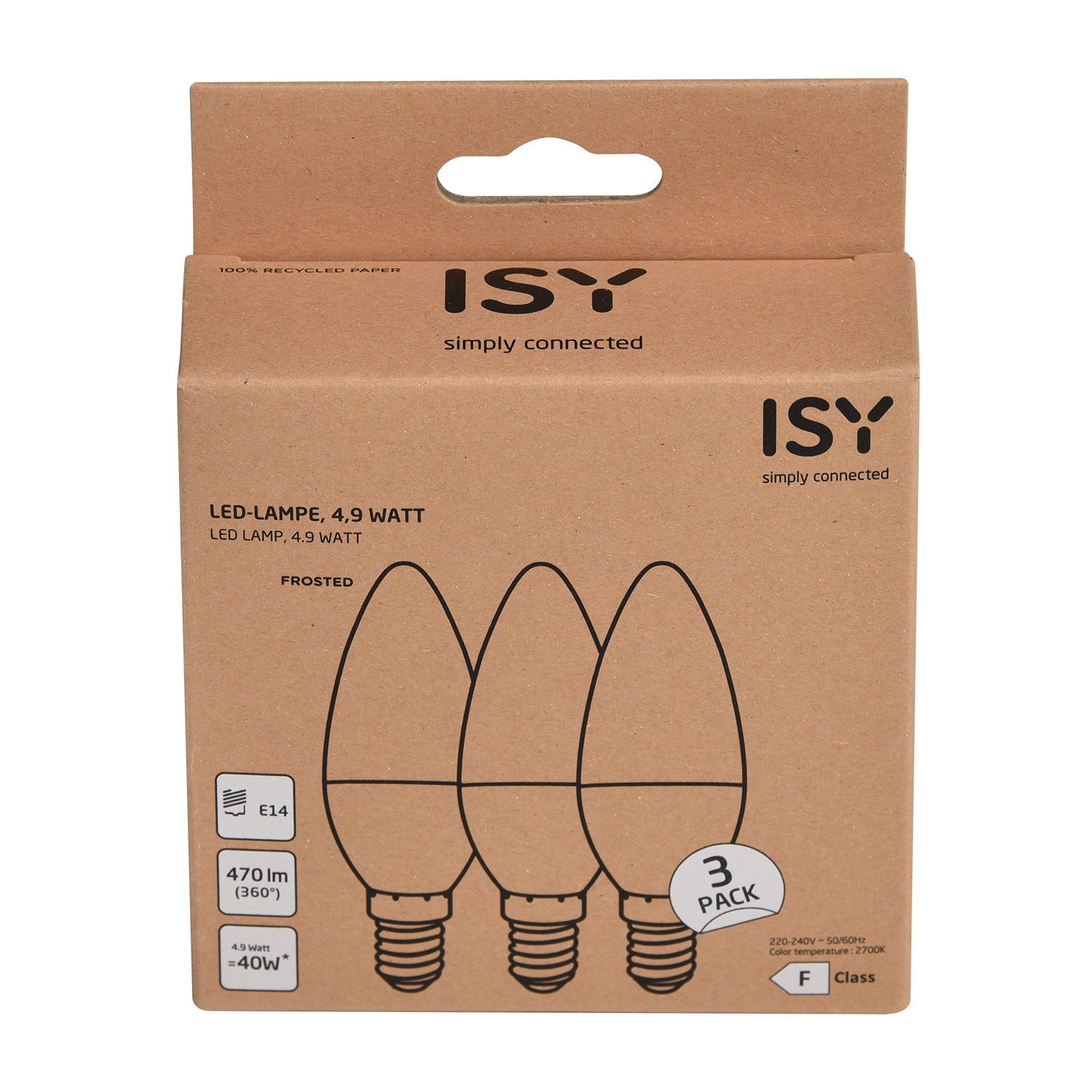 Una scatola di tre lampadine LED smerigliate, con specifiche e il logo ISY.