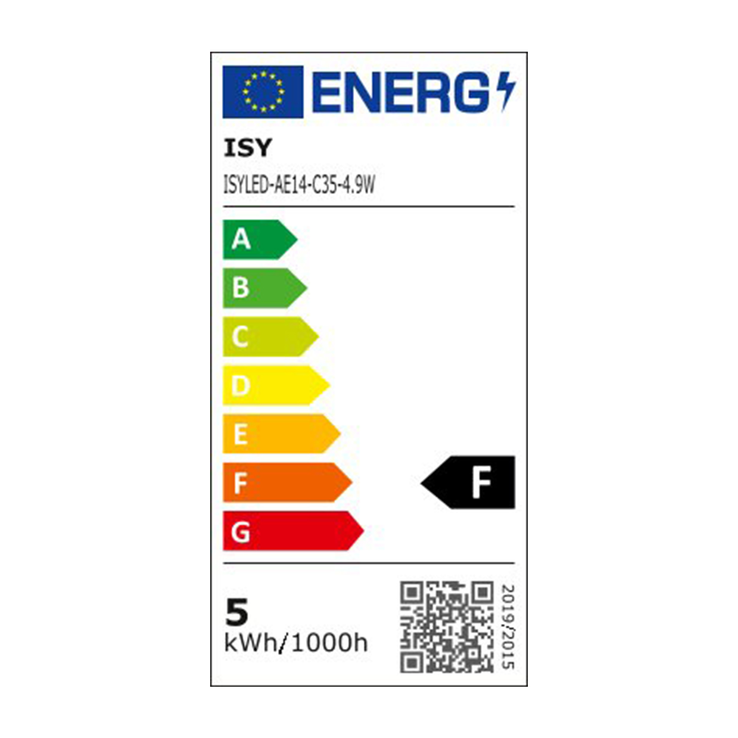 Etichetta energetica con la classe di efficienza energetica 'F' per una lampadina.