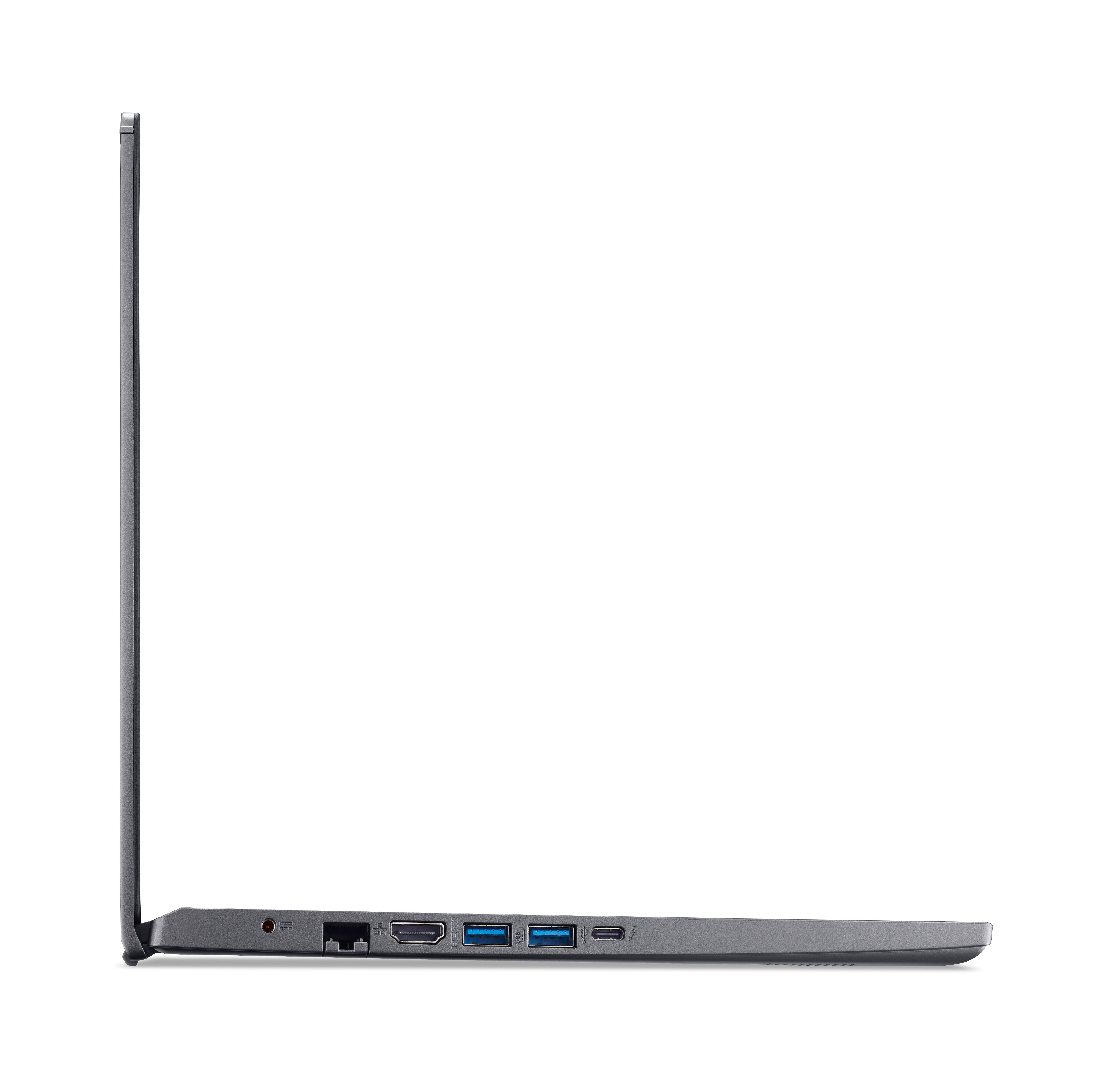 Seitenansicht eines grauen Laptops, die Anschlüsse und das Profil zeigt.