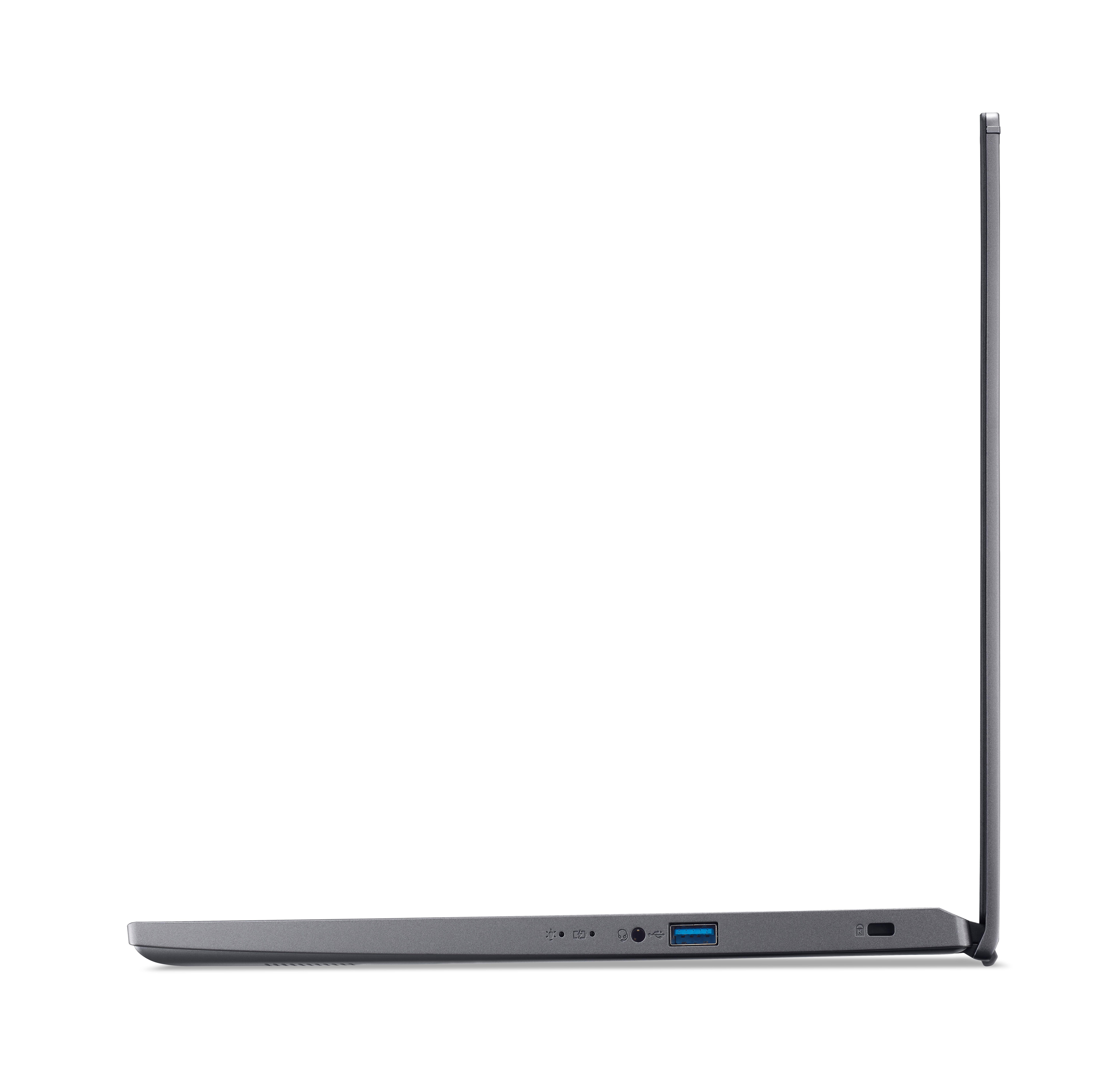 Seitenansicht eines silbernen Laptops, Dicke und Anschlüsse zeigend, weißer Hintergrund.
