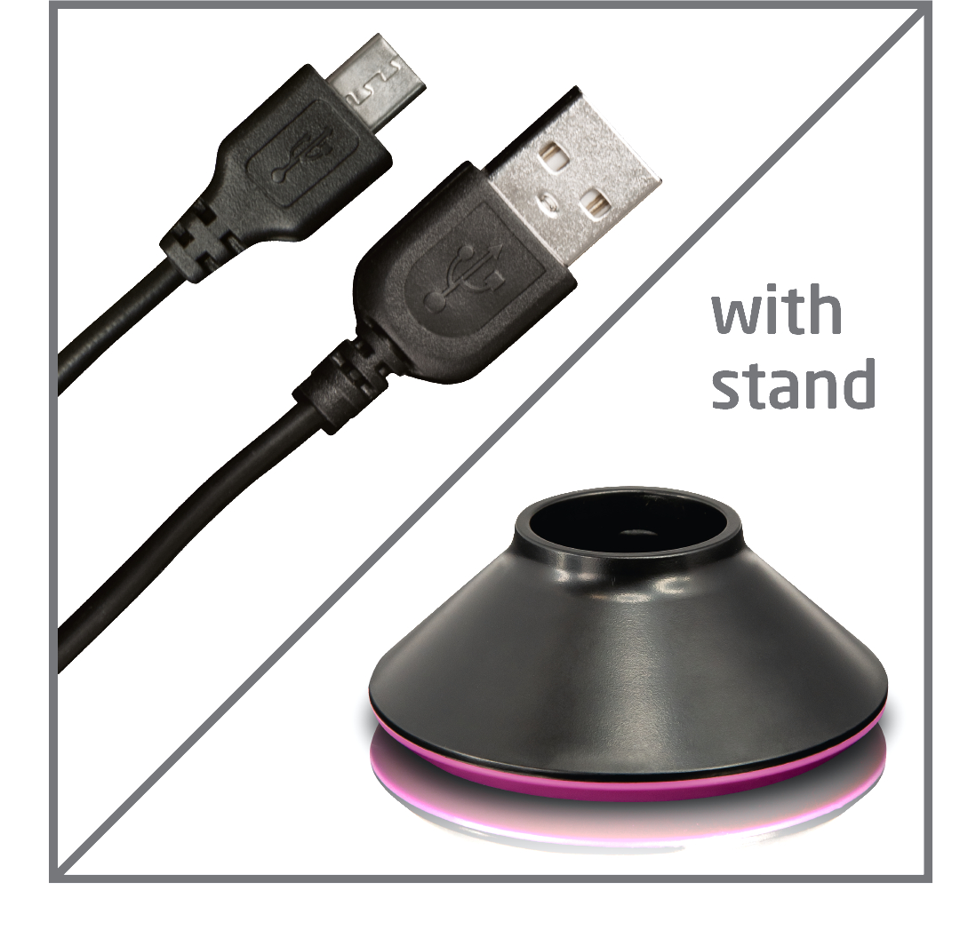 Schwarze USB-zu-Micro-USB-Kabel und ein schwarzer Ständer mit pinkfarbenem Sockel, auf weißem Hintergrund.