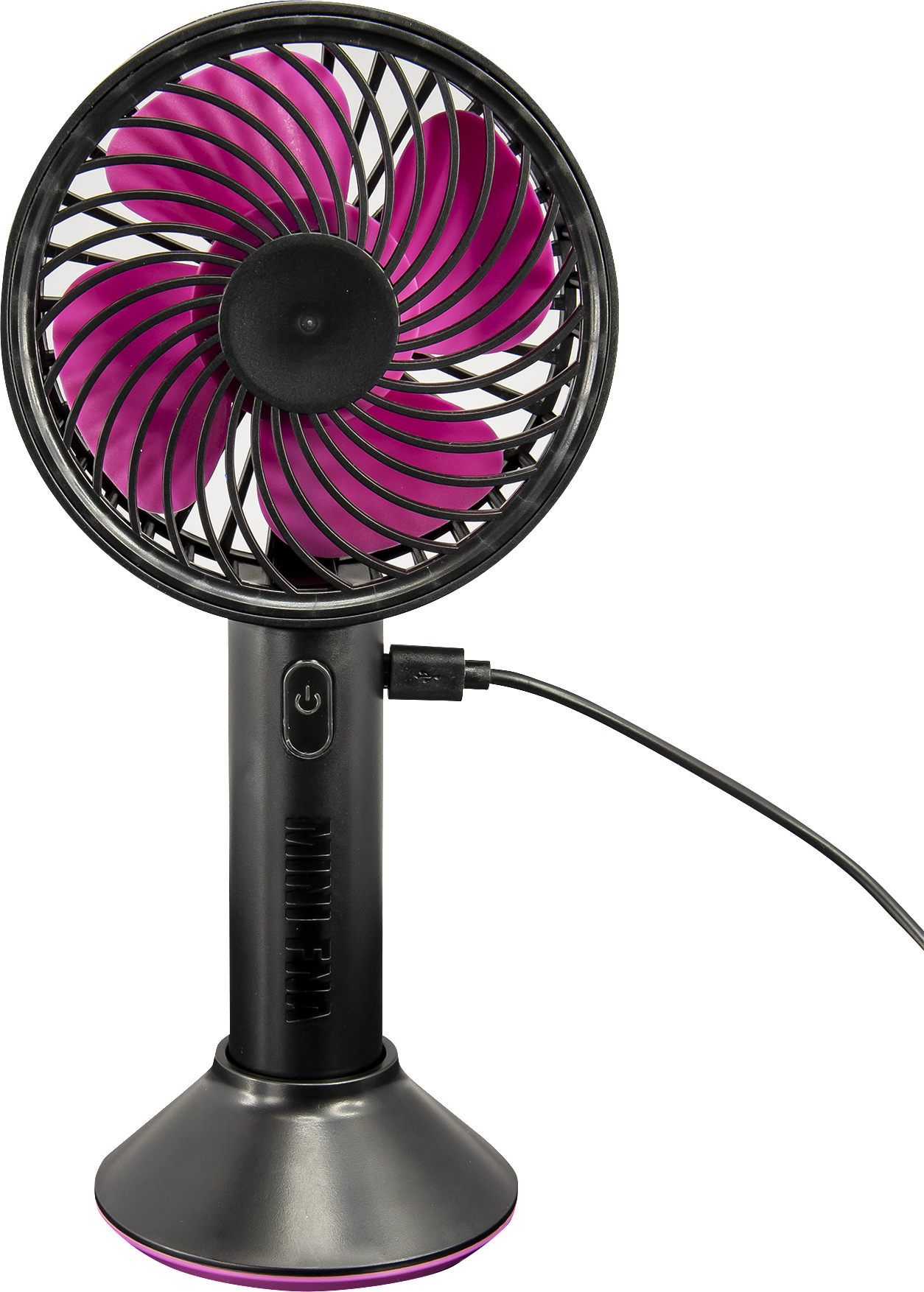 Schwarzer und lila Handventilator. Ladekabel angeschlossen, Ein-Aus-Taste am Griff.