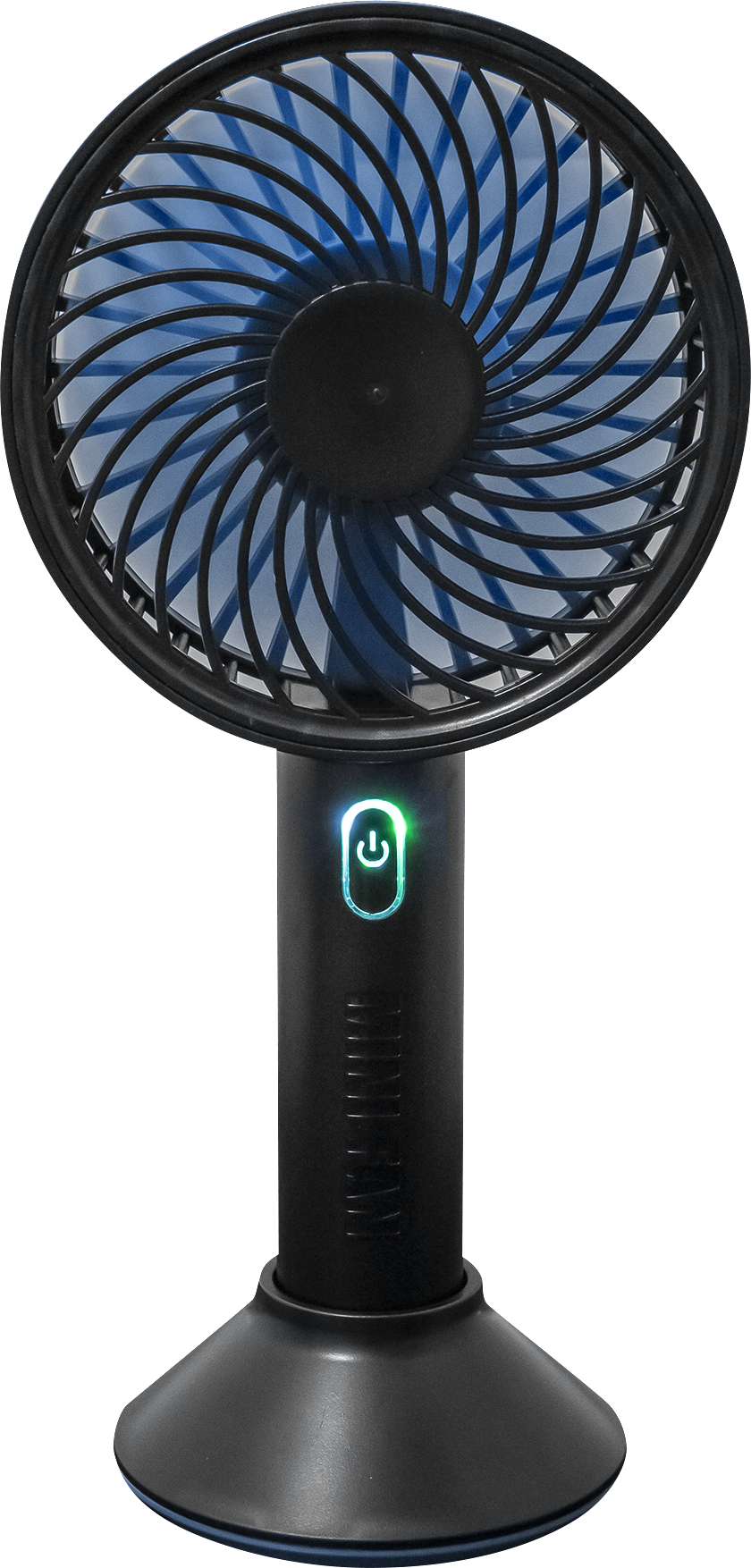 Schwarzer und blauer tragbarer Ventilator mit grünem Licht und Power-Taste. Er hat eine runde Basis.