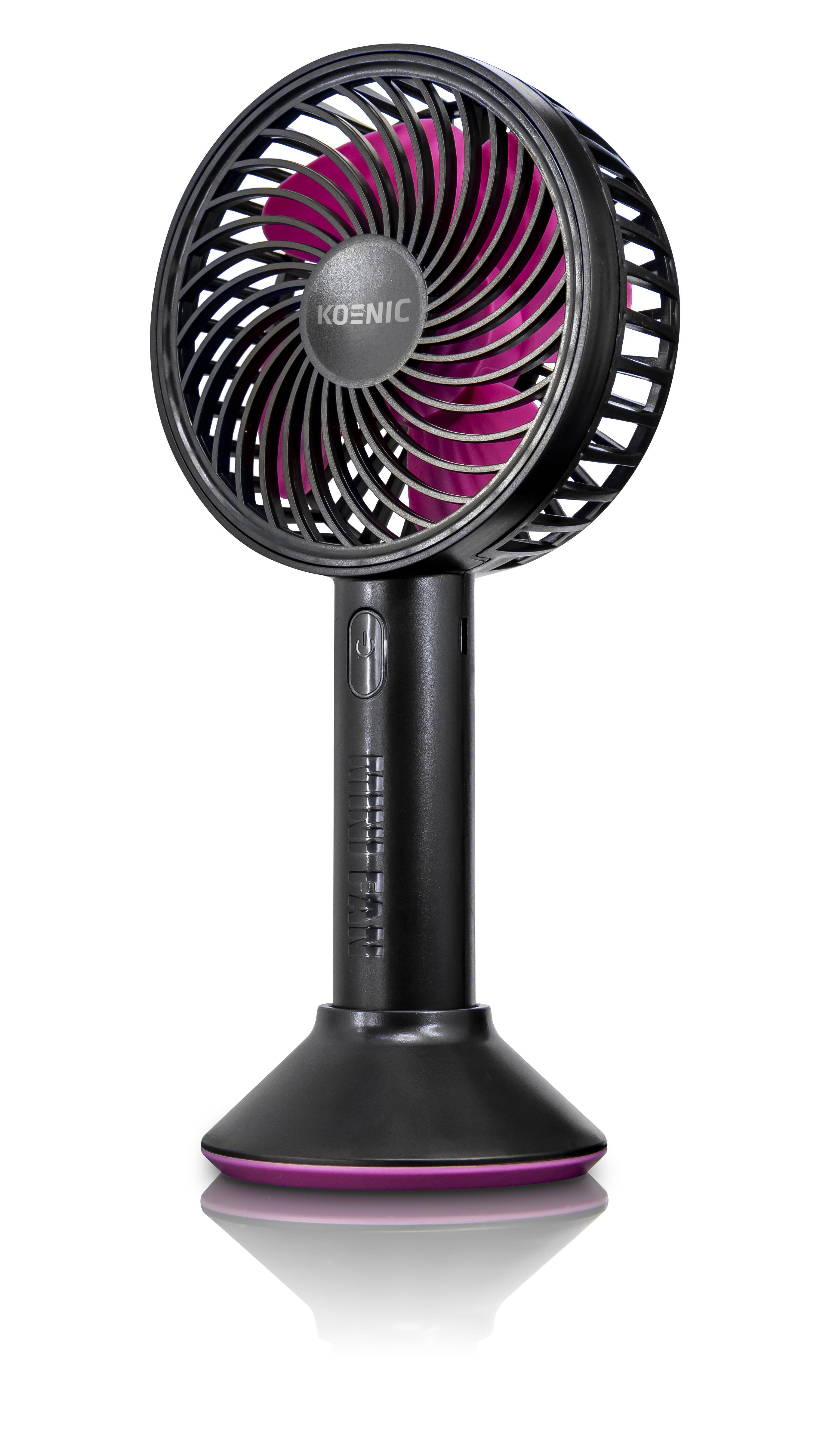 Schwarzer tragbarer Ventilator mit rosa Flügeln. Grauer Rahmen. Schwarzer Sockel. Weißer Hintergrund.