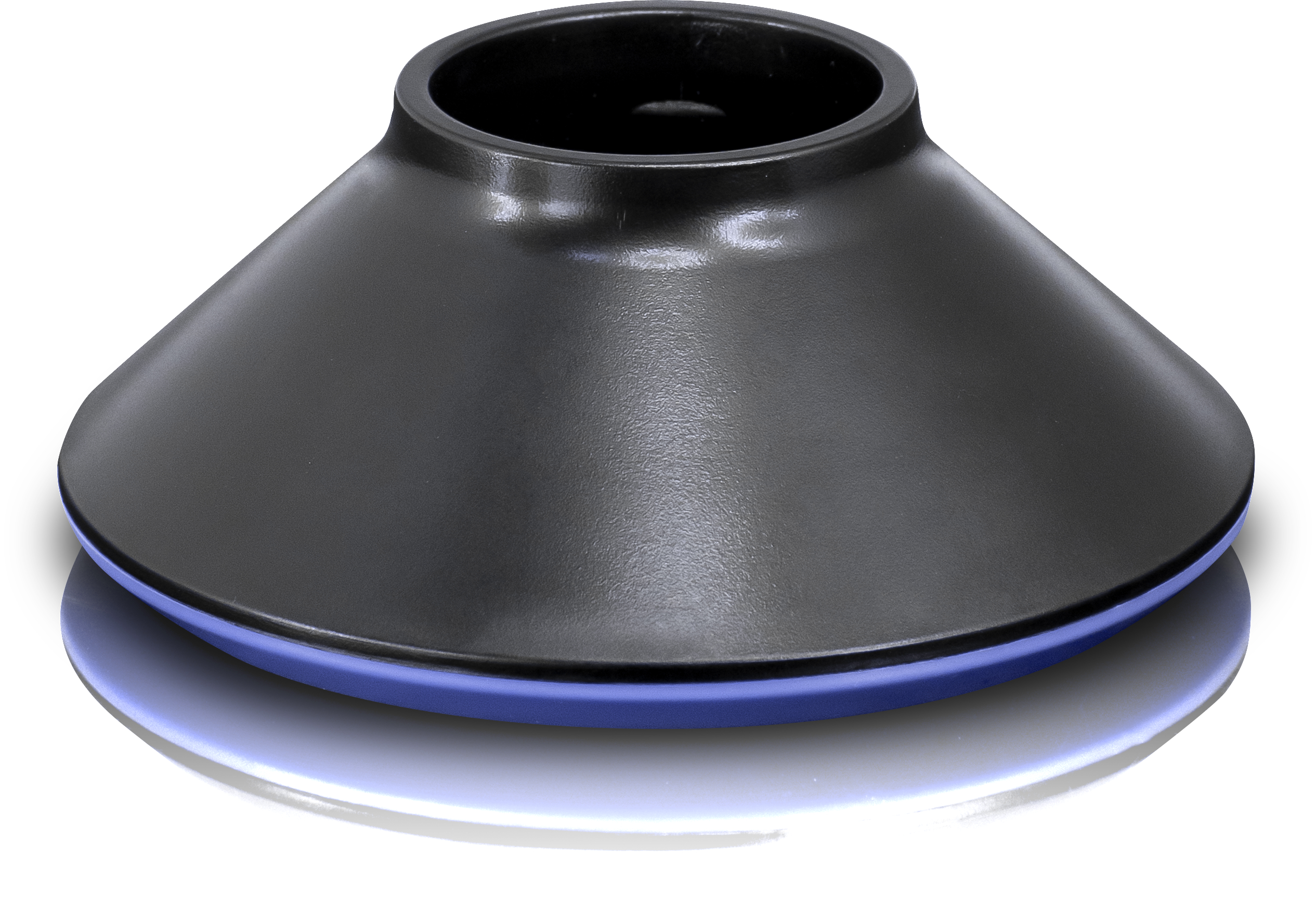Ein schwarzes trichterförmiges Objekt mit blauem Boden und weißer reflektierender Oberfläche.